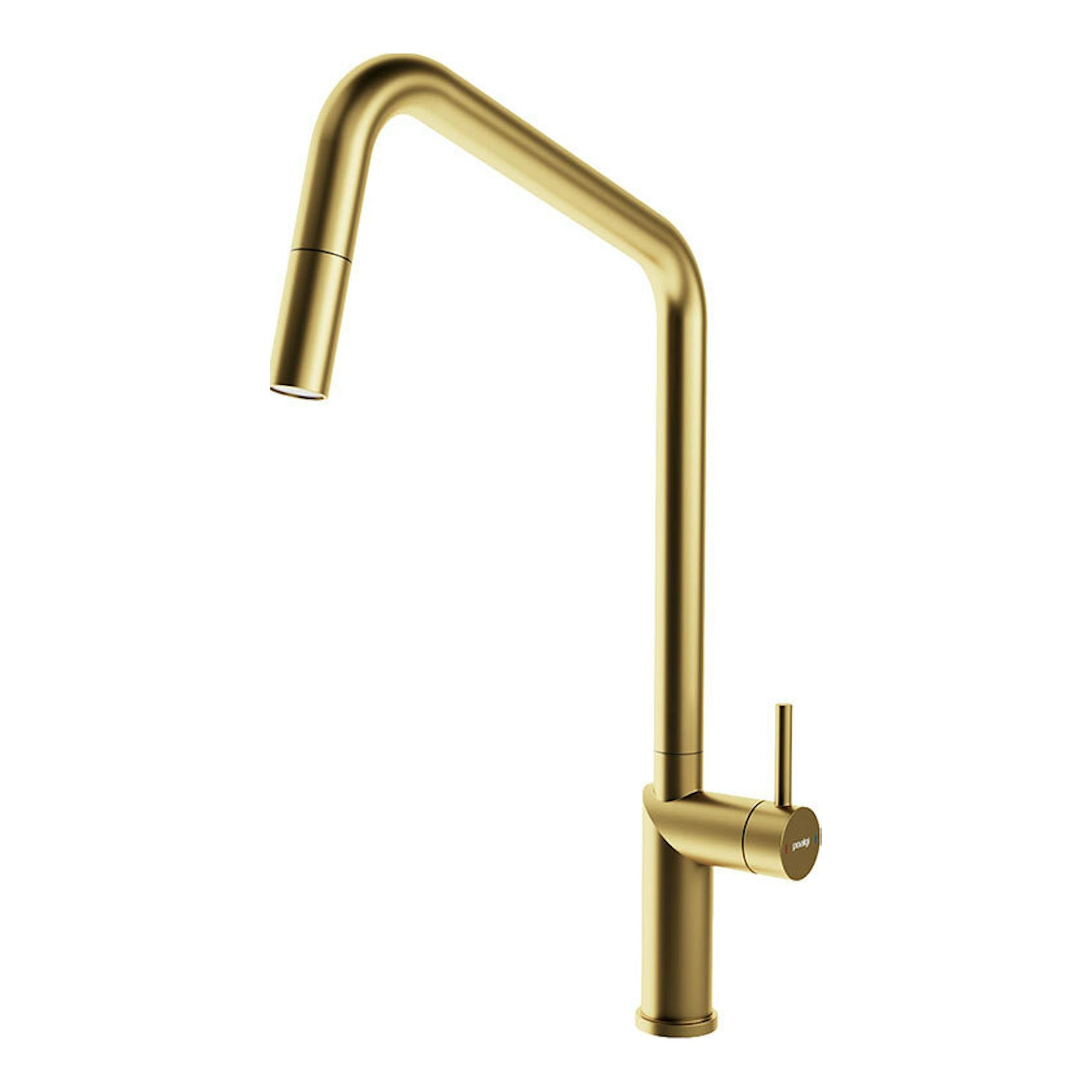 Grifo Poalgi C1ORO dorado, vista lateral, con caño alto en L y mando monomando.