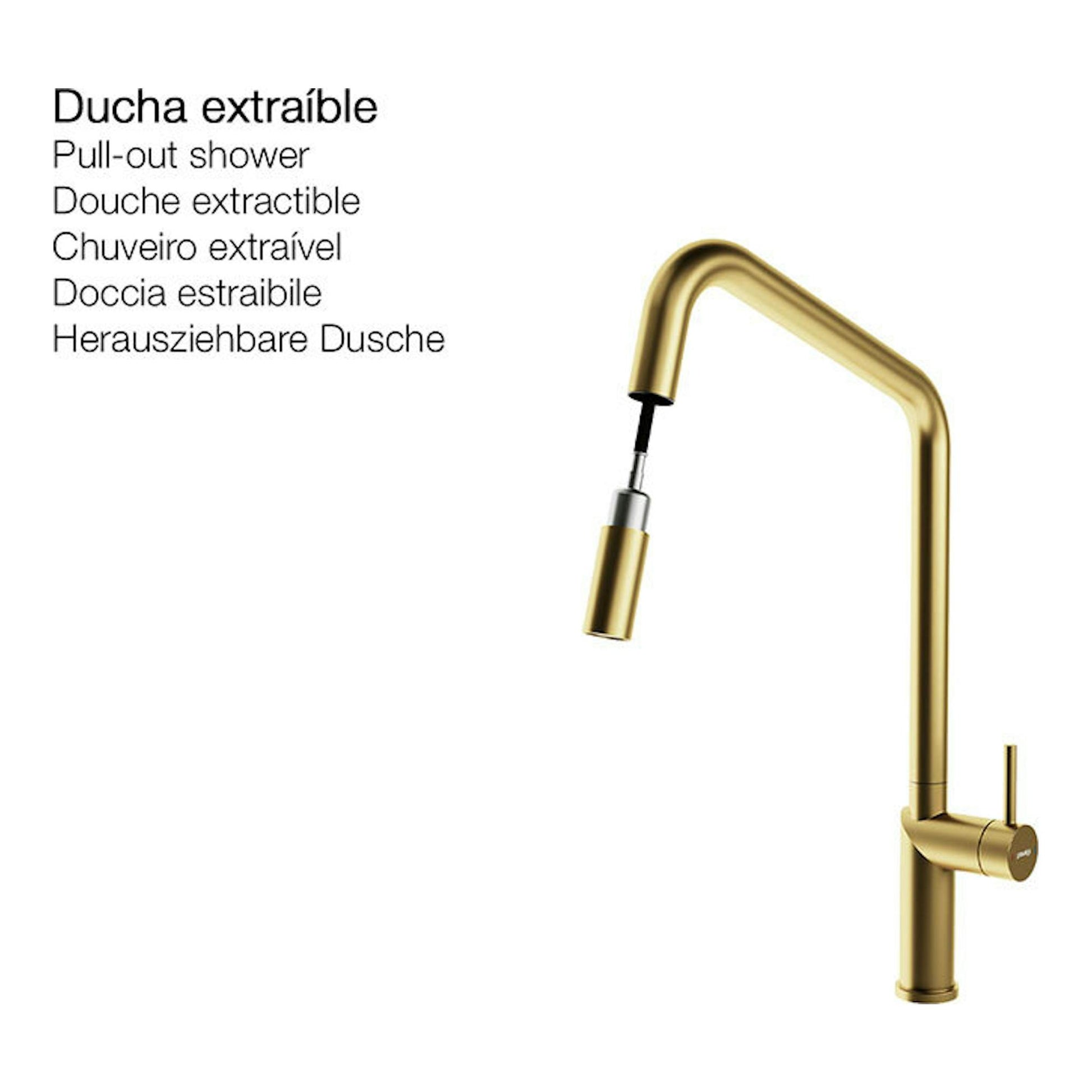 Grifo Poalgi C1ORO dorado con ducha extraíble, vista frontal sobre fondo blanco.