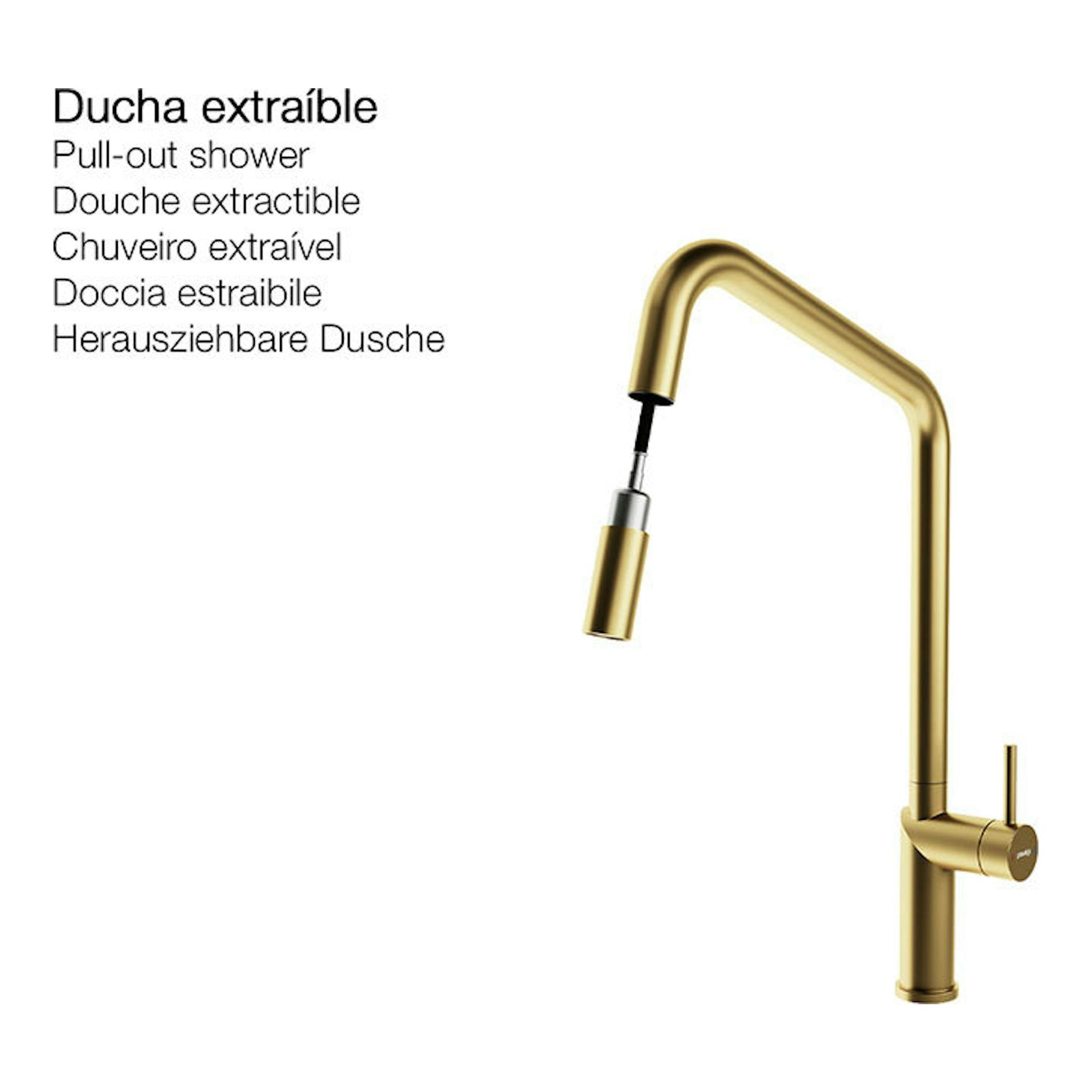 Grifo Poalgi C1ORO dorado con ducha extraíble, vista frontal sobre fondo blanco.