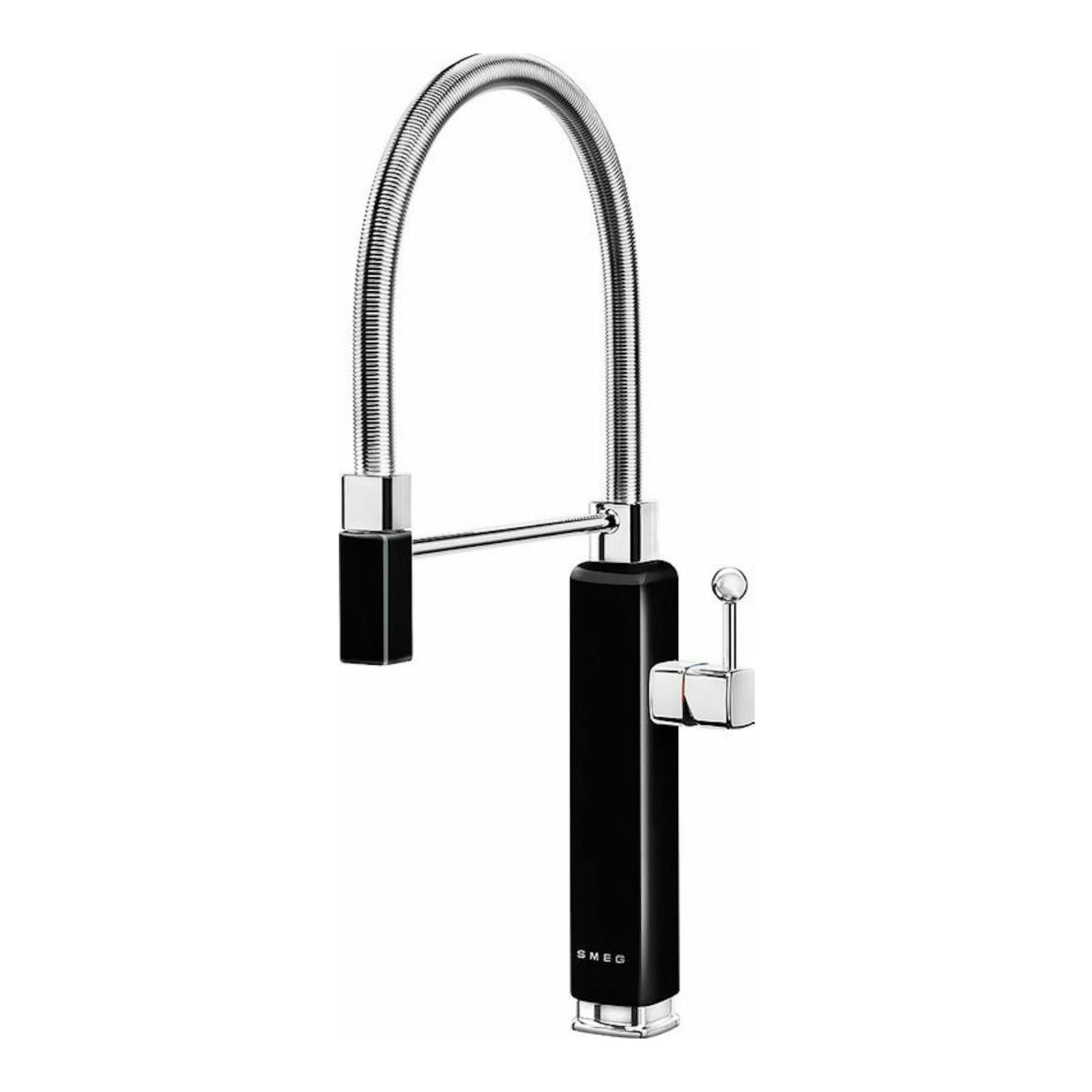 Grifo Smeg MDF50BL negro y cromado, con caño alto flexible en arco y mando lateral, vista frontal.
