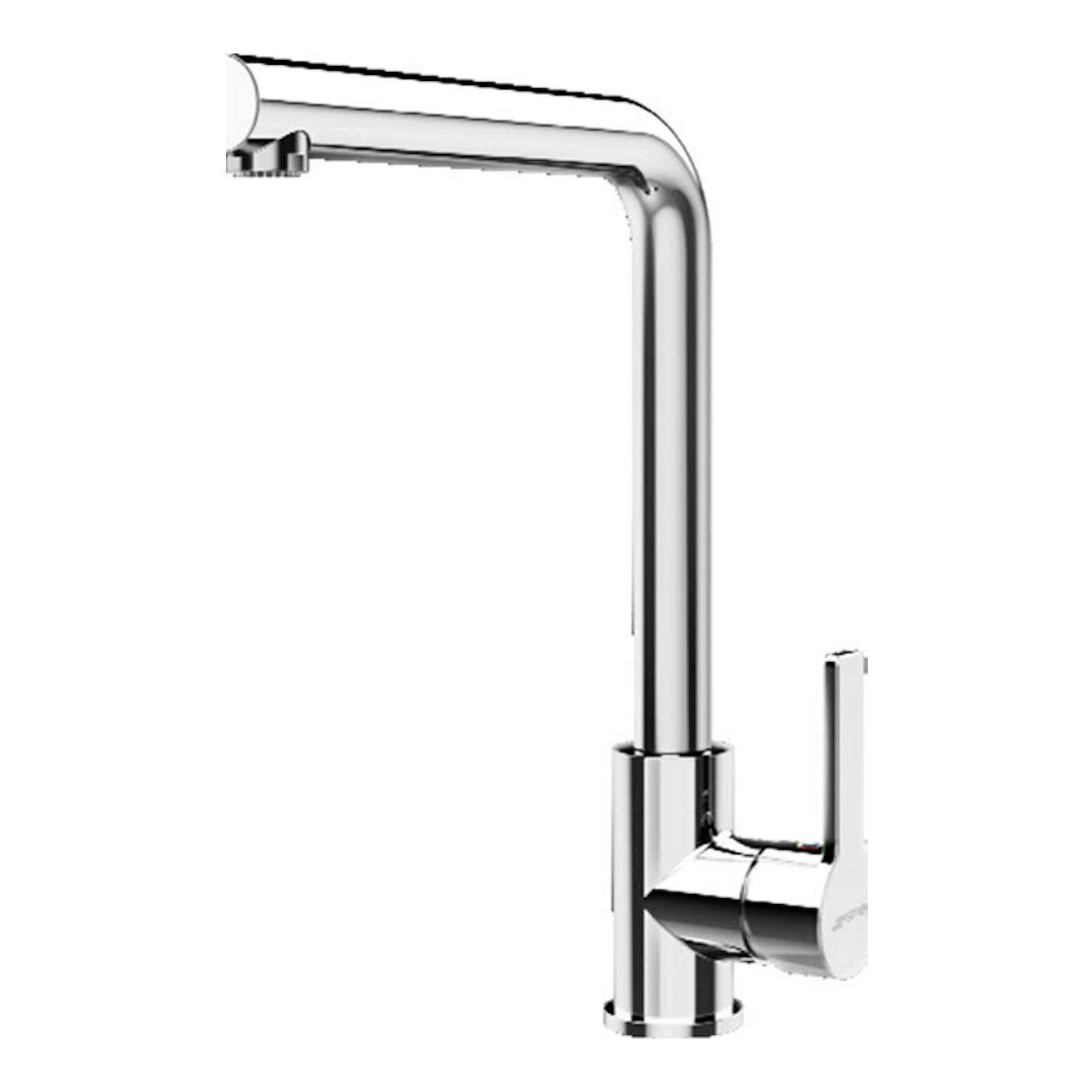 Grifo Smeg MI1CR cromado, vista lateral, caño en L y maneta a la derecha.