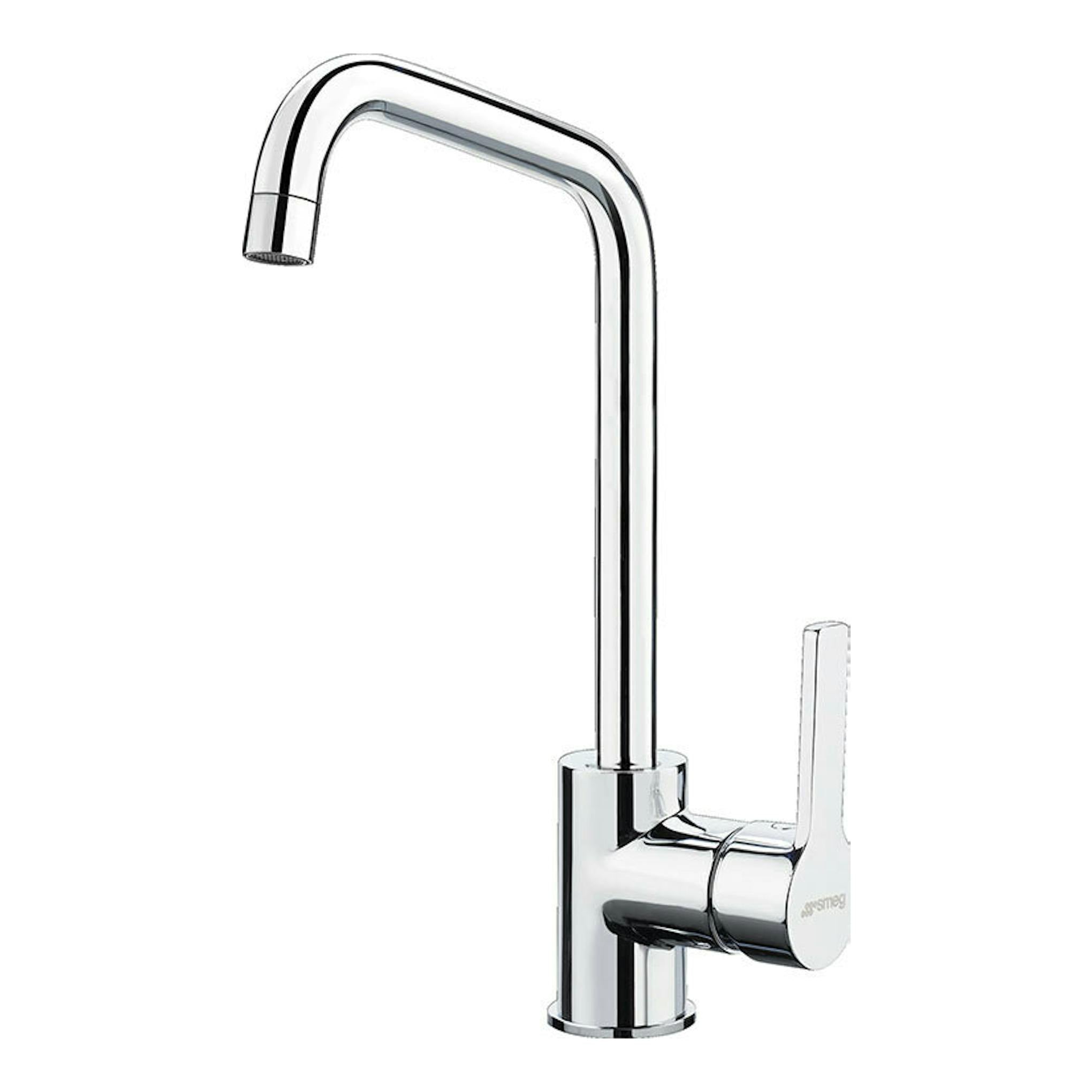 Grifo Smeg MI3CR cromado, de un mando, vista frontal en ángulo, con caño alto curvado.