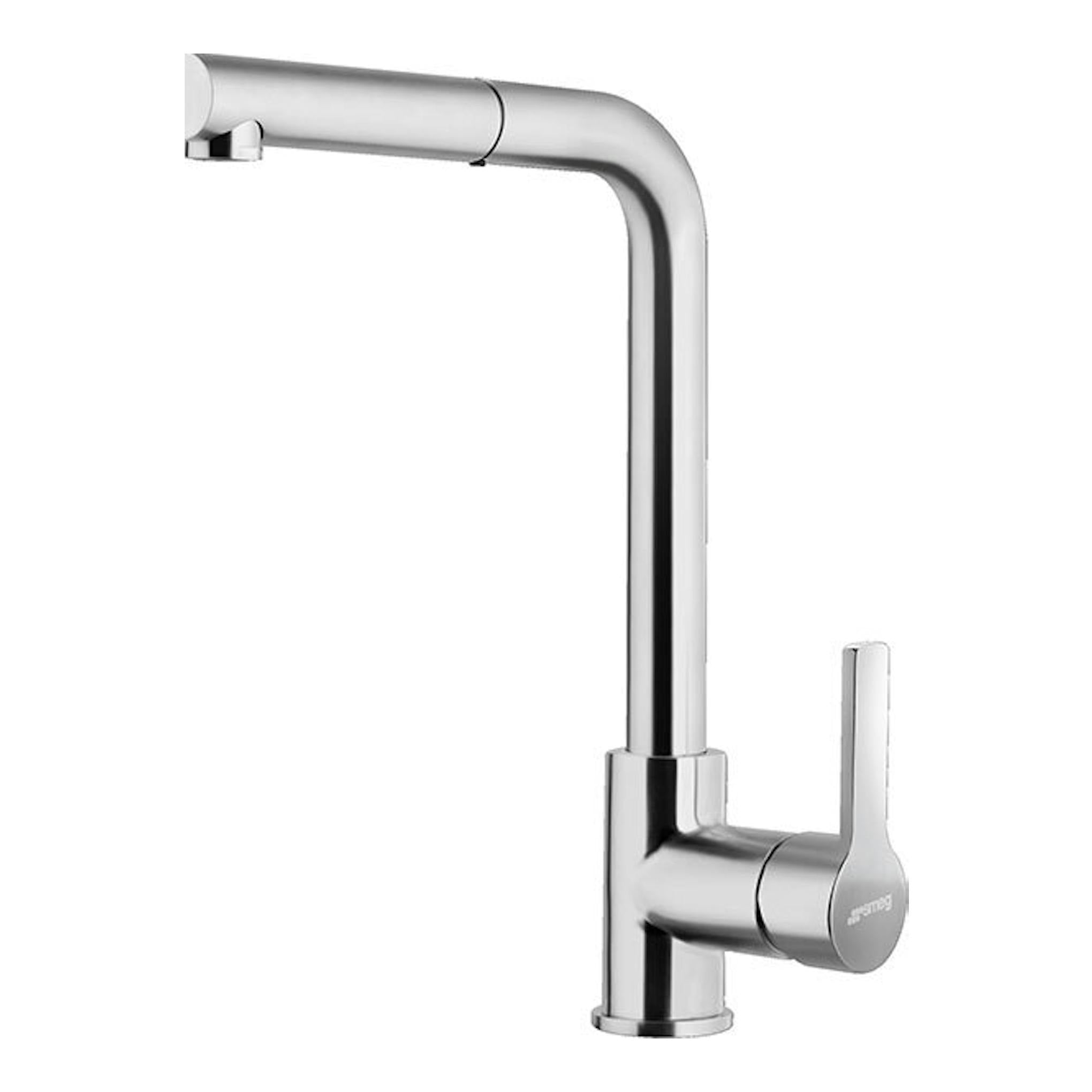 Grifo Smeg MID1NS cromado, vista frontal en ángulo, monomando con caño alto en L y palanca lateral.