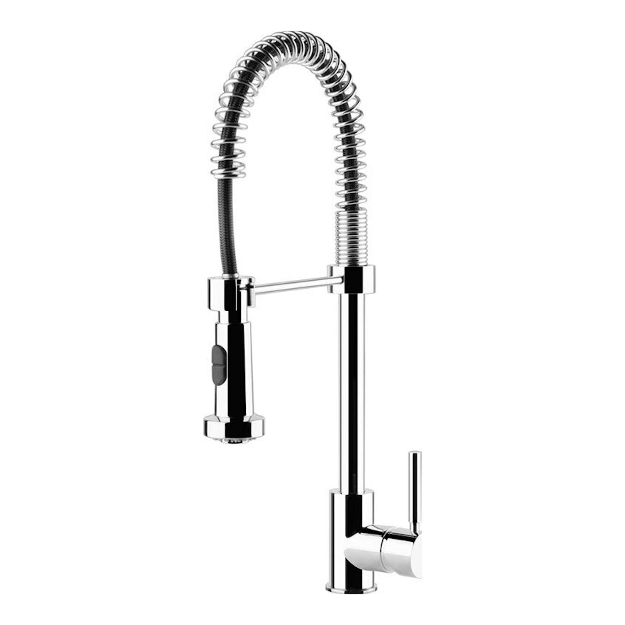 Grifo Smeg MID9CR cromo, vista frontal, con caño flexible en espiral y monomando lateral.