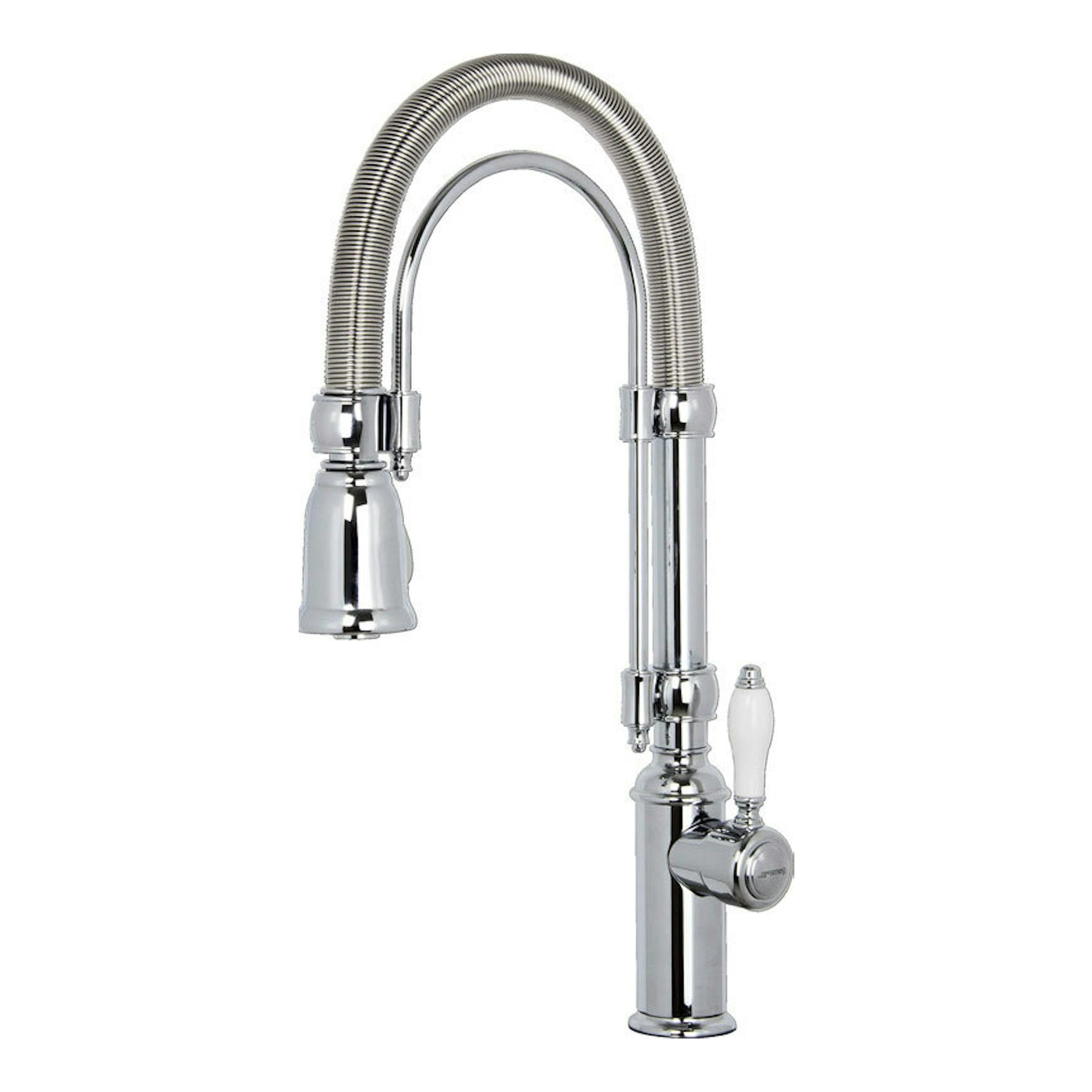 Grifo Smeg MIDR7CR-2 cromado, vista frontal, con caño flexible en espiral y mando blanco.