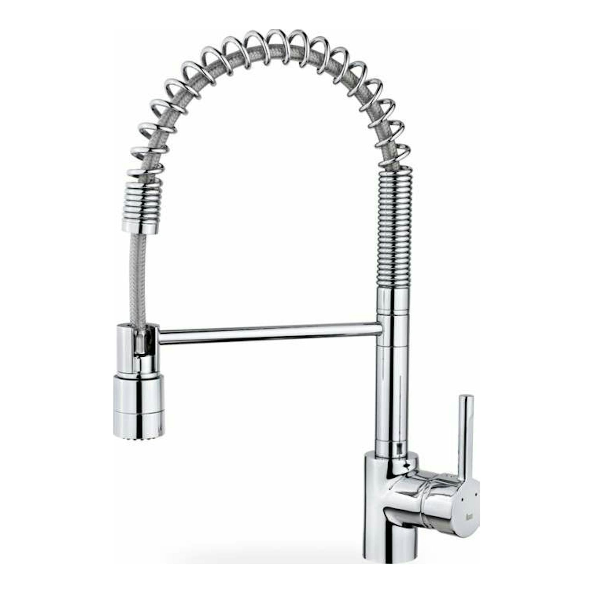 Grifo Teka ARK937 cromado, vista frontal, con caño flexible en arco y monomando lateral.