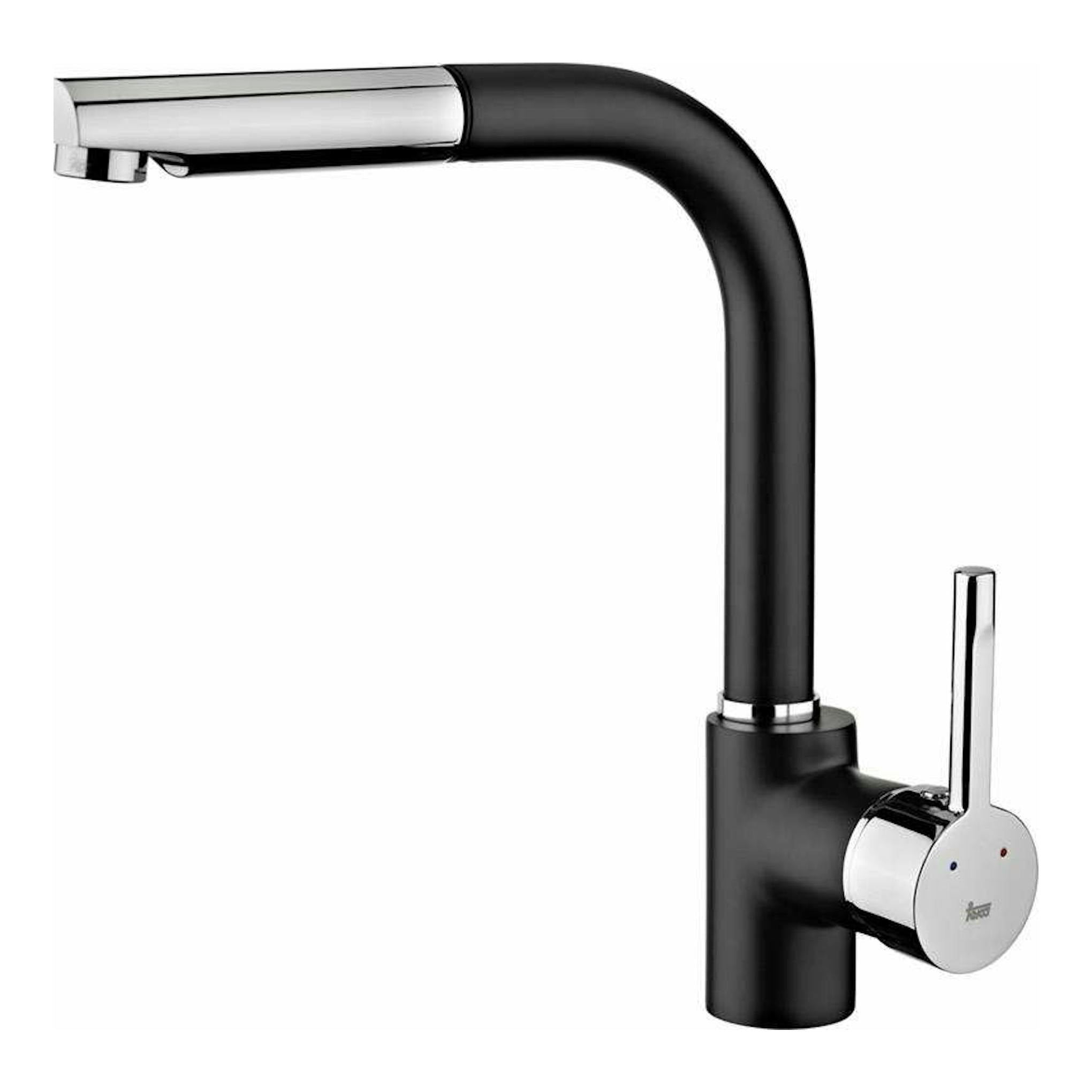 Grifo Teka ARK938 negro, vista lateral, con caño curvo negro y acabado cromado, sobre fondo blanco.