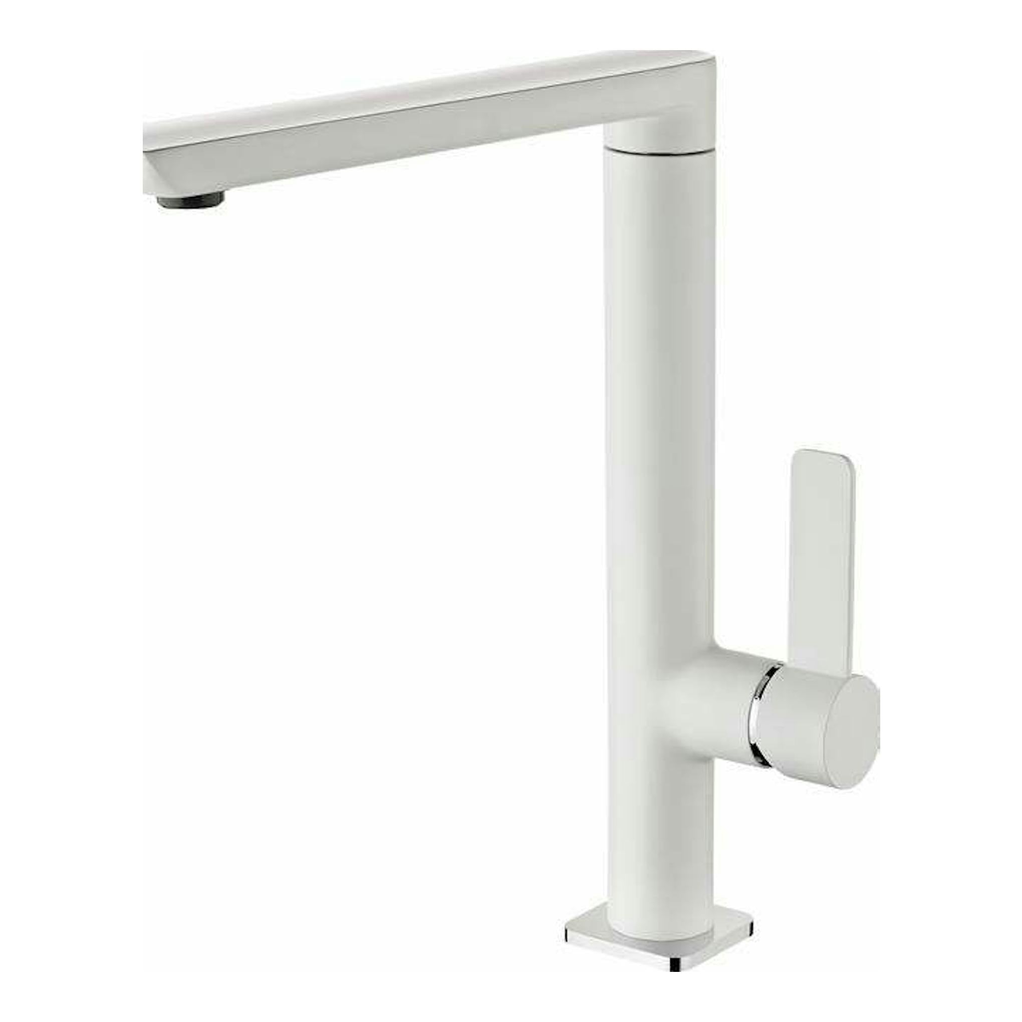 Grifo Teka FO915 blanco, vista lateral, monomando de caño alto con base cuadrada.