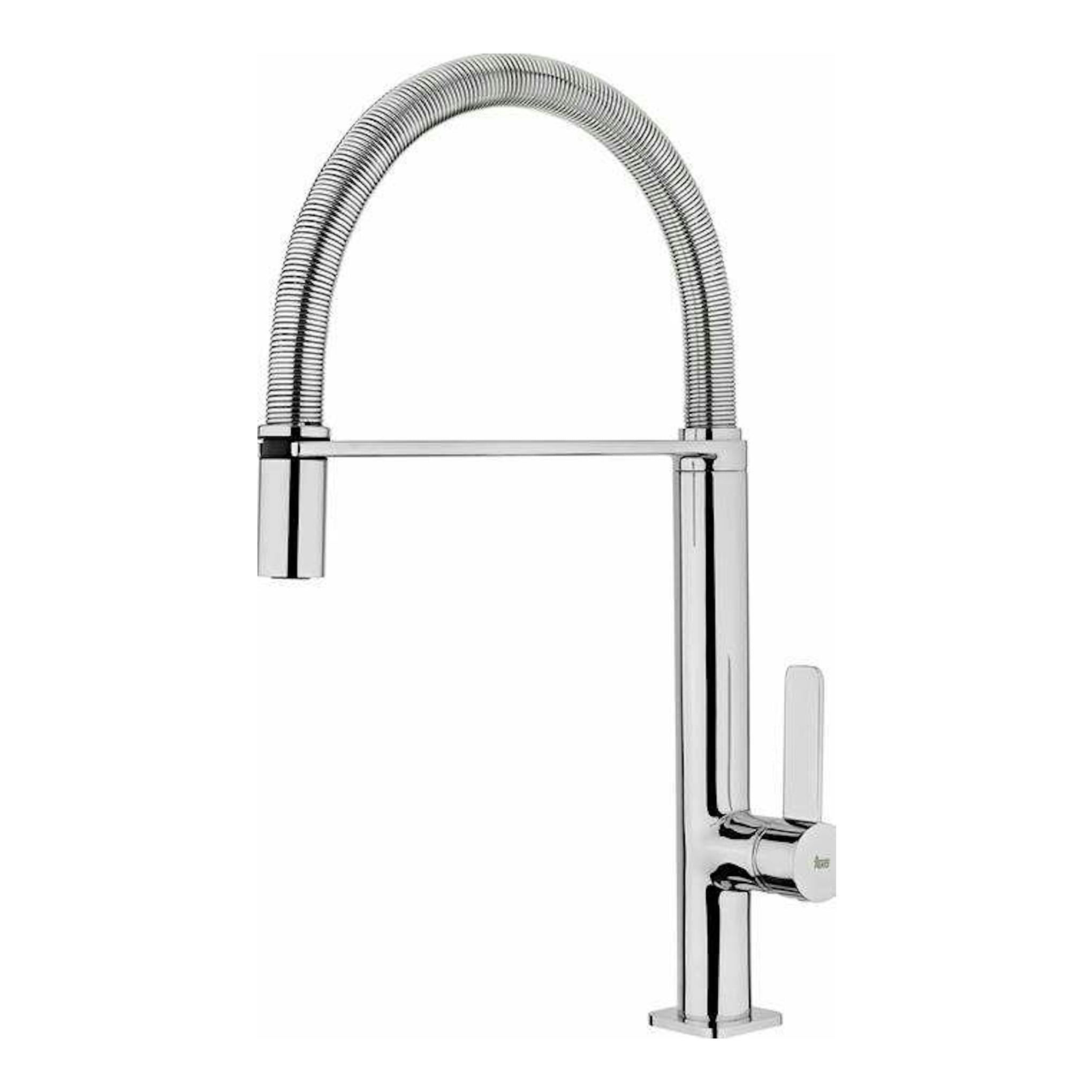 Grifo Teka FO939 cromado, vista frontal, con caño alto flexible en arco y mando monomando lateral.