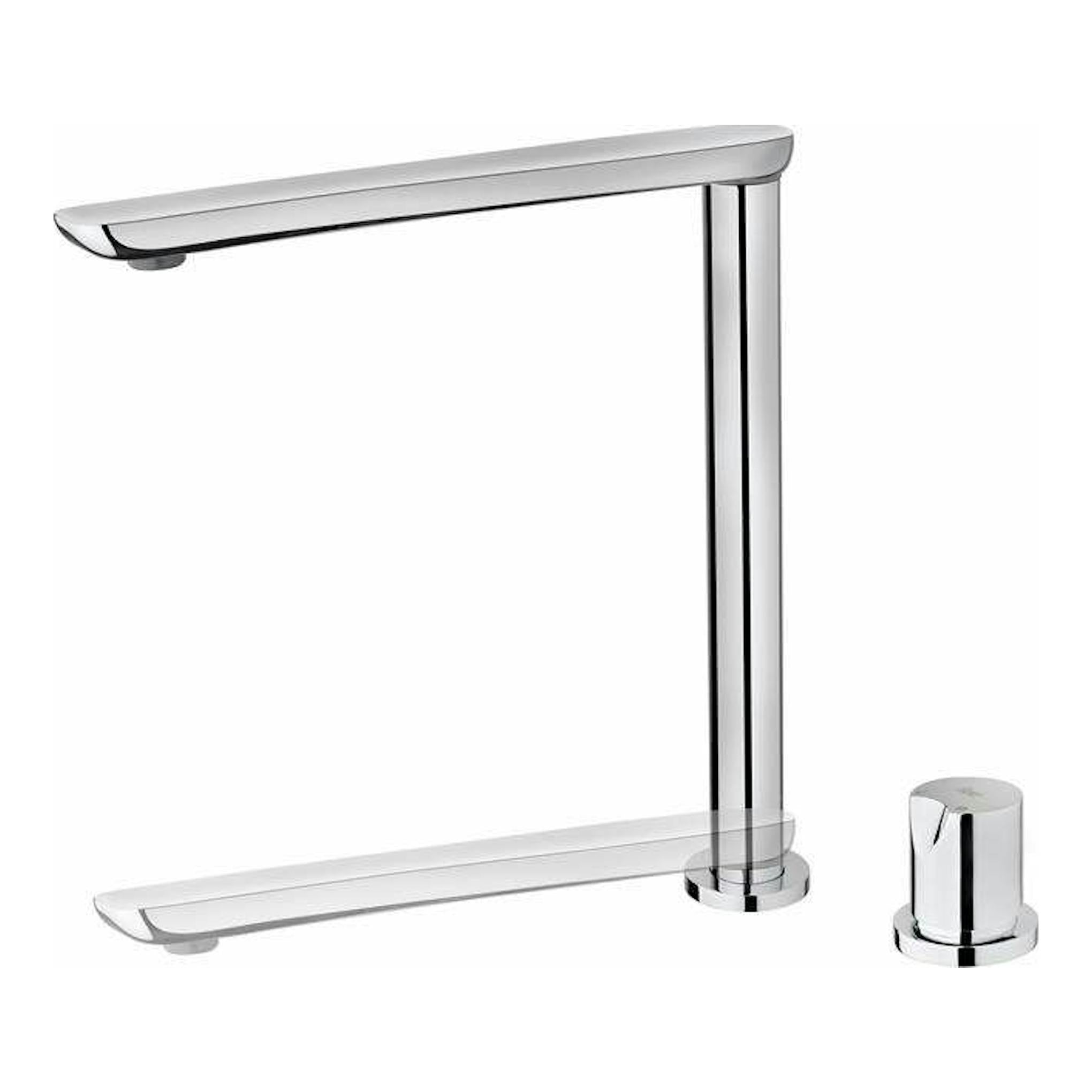 Grifo Teka FO985 cromado, vista frontal, con caño horizontal y mando cilíndrico separado.