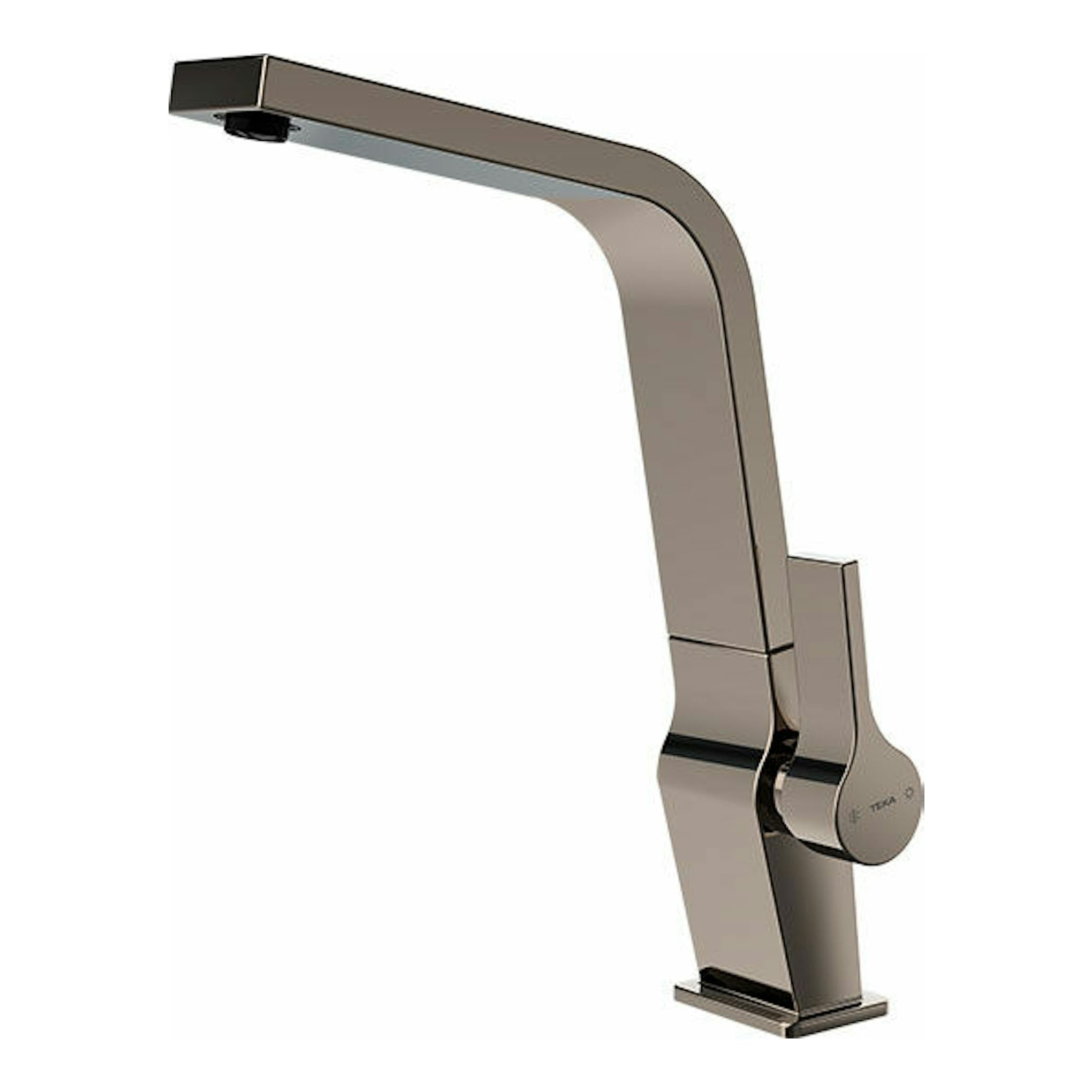 Grifo Teka ICC915 Titanium de una sola maneta, acabado titanio, vista lateral sobre fondo blanco.