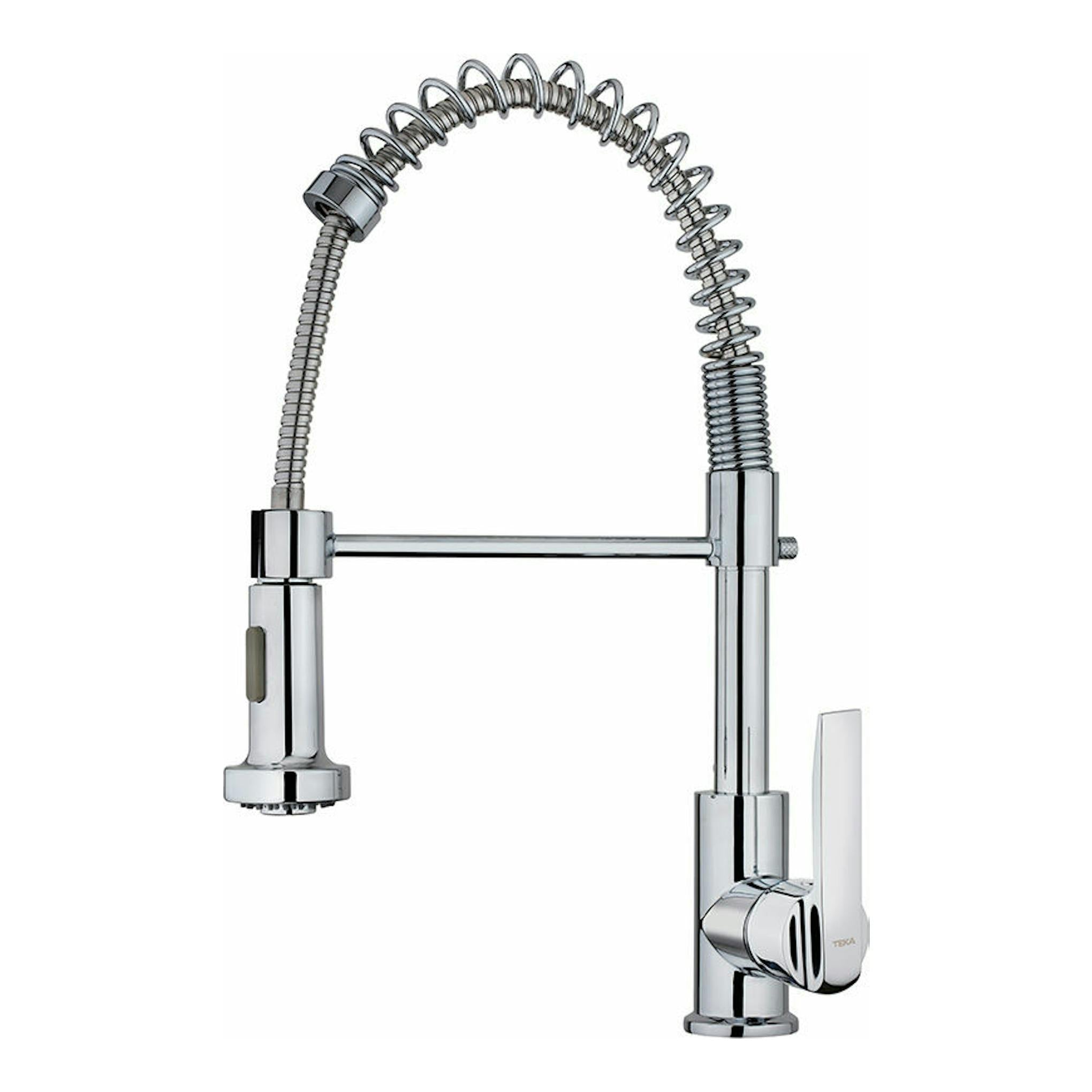 Grifo de cocina Teka IN939 cromado, con caño flexible en muelle y monomando lateral, vista frontal.