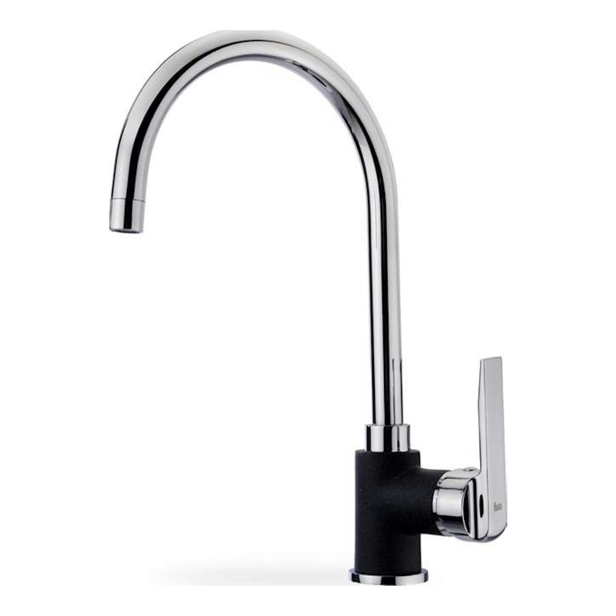 Grifo Teka IN995 de cocina, cromo y negro, con caño arqueado y palanca lateral, vista frontal.