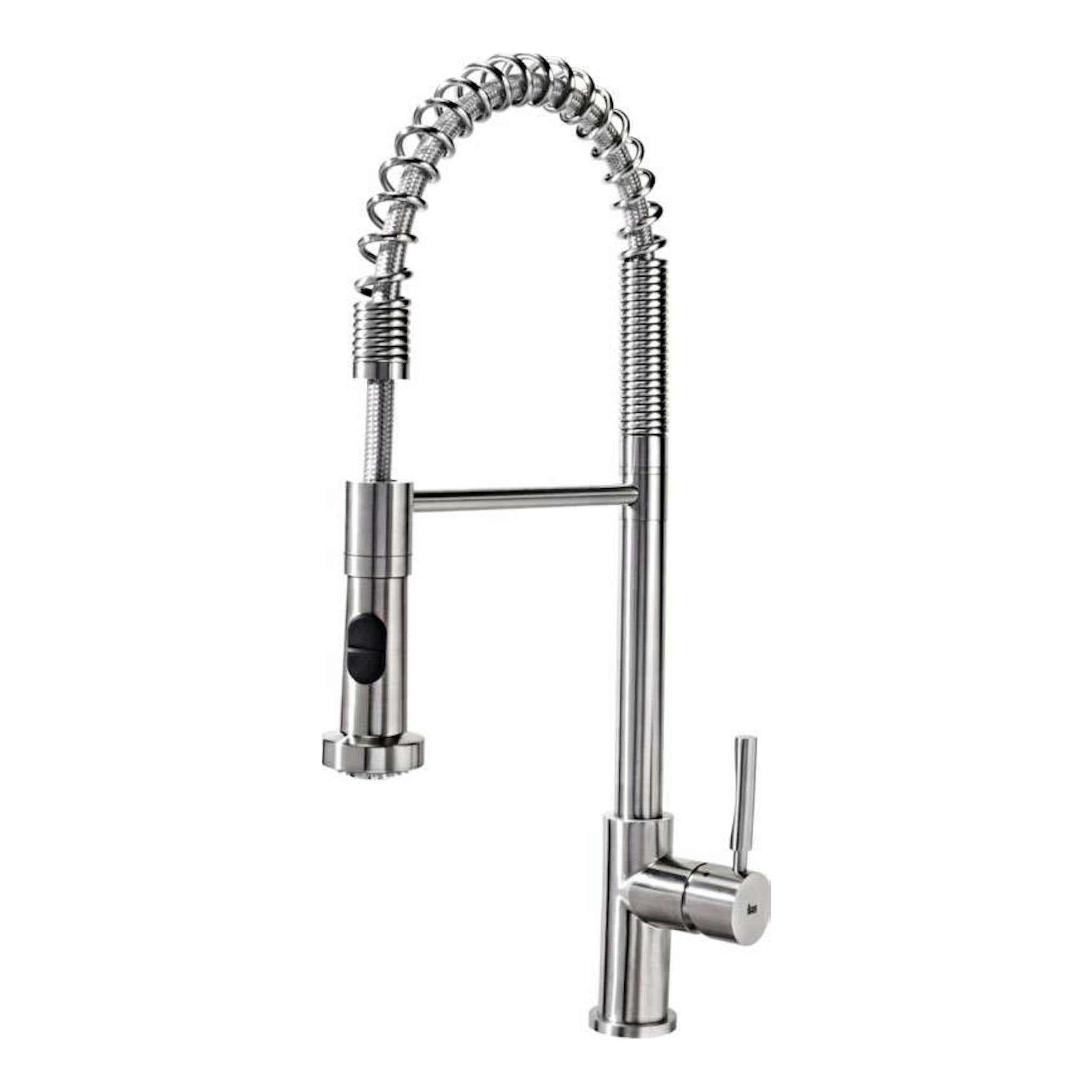 Grifo de cocina Teka INX939 inox, vista frontal, acabado acero inoxidable, caño alto con muelle y mando lateral.