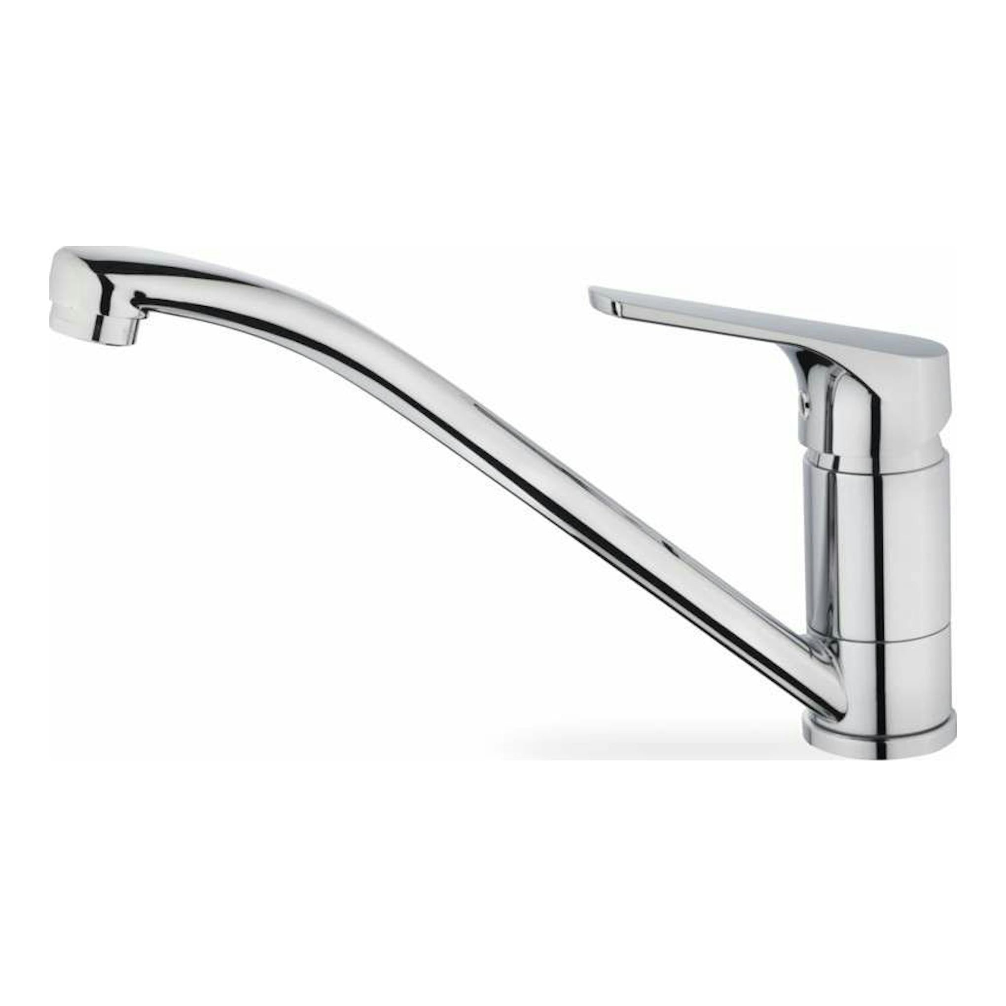 Grifo Teka MTP913 cromado, vista lateral, con caño curvo y una sola palanca sobre fondo blanco.