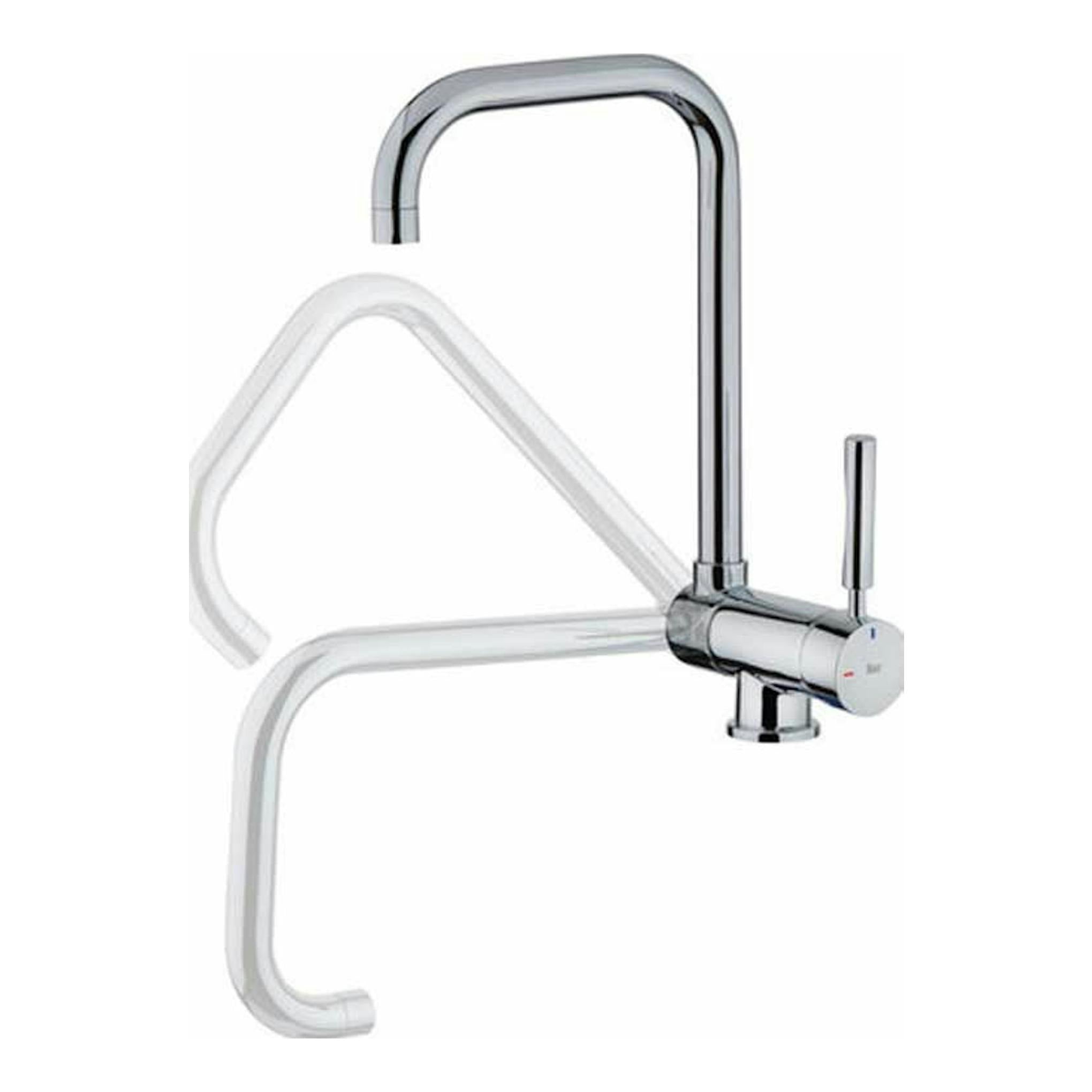 Grifo Teka MTP984 cromado, vista frontal en ángulo, con caño alto curvo y mando lateral.