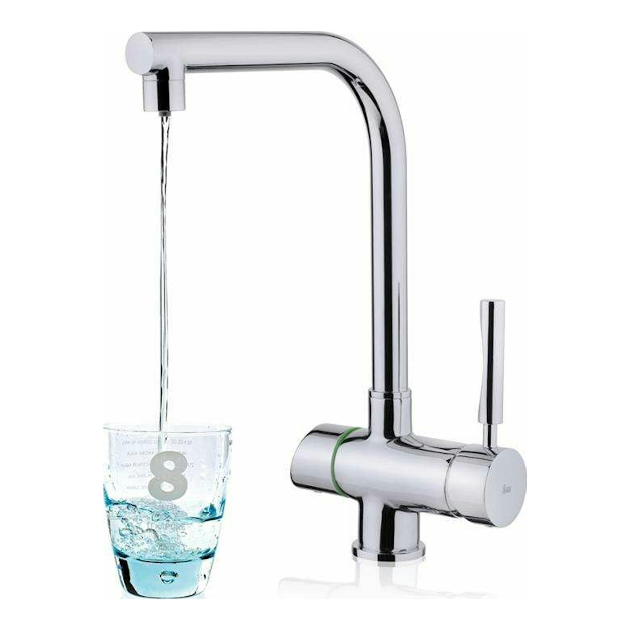Grifo Teka OS206 cromado, vista frontal, con caño alto y agua saliendo hacia un vaso.