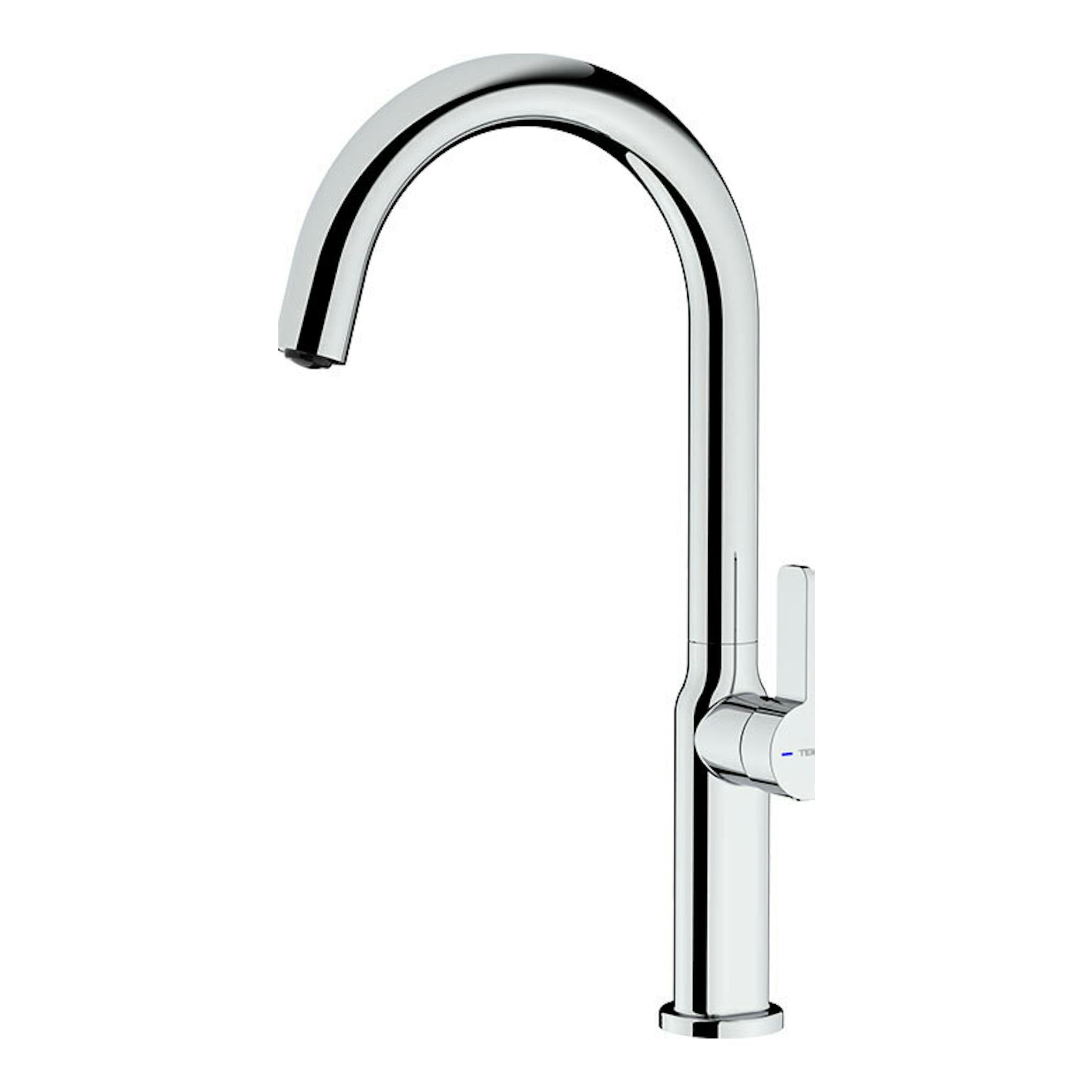Grifo Teka OVAL 915 cromado, vista frontal, caño alto curvo y mando lateral.