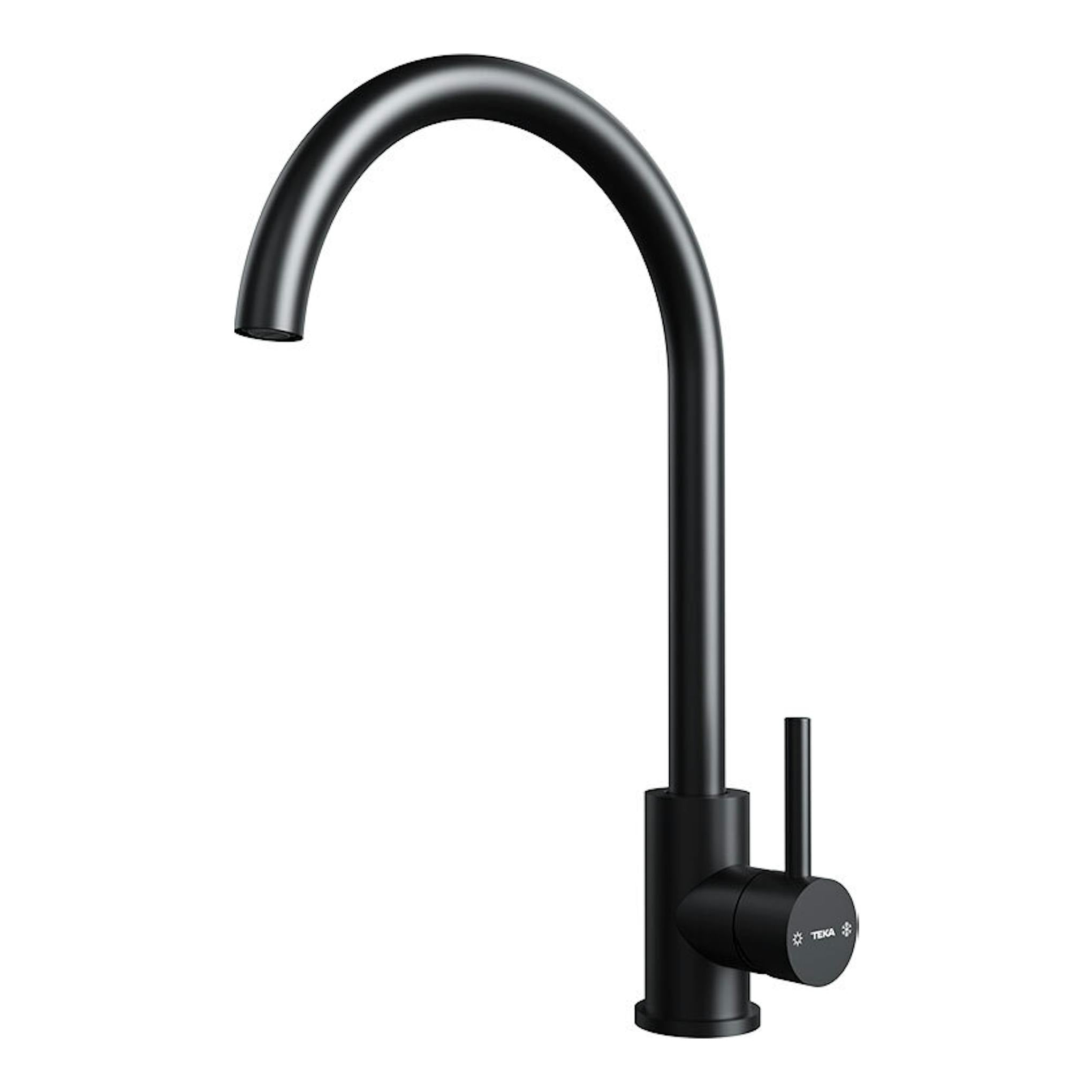 Grifo de cocina Teka UNI9310 negro, vista lateral, caño alto curvado y mando vertical.