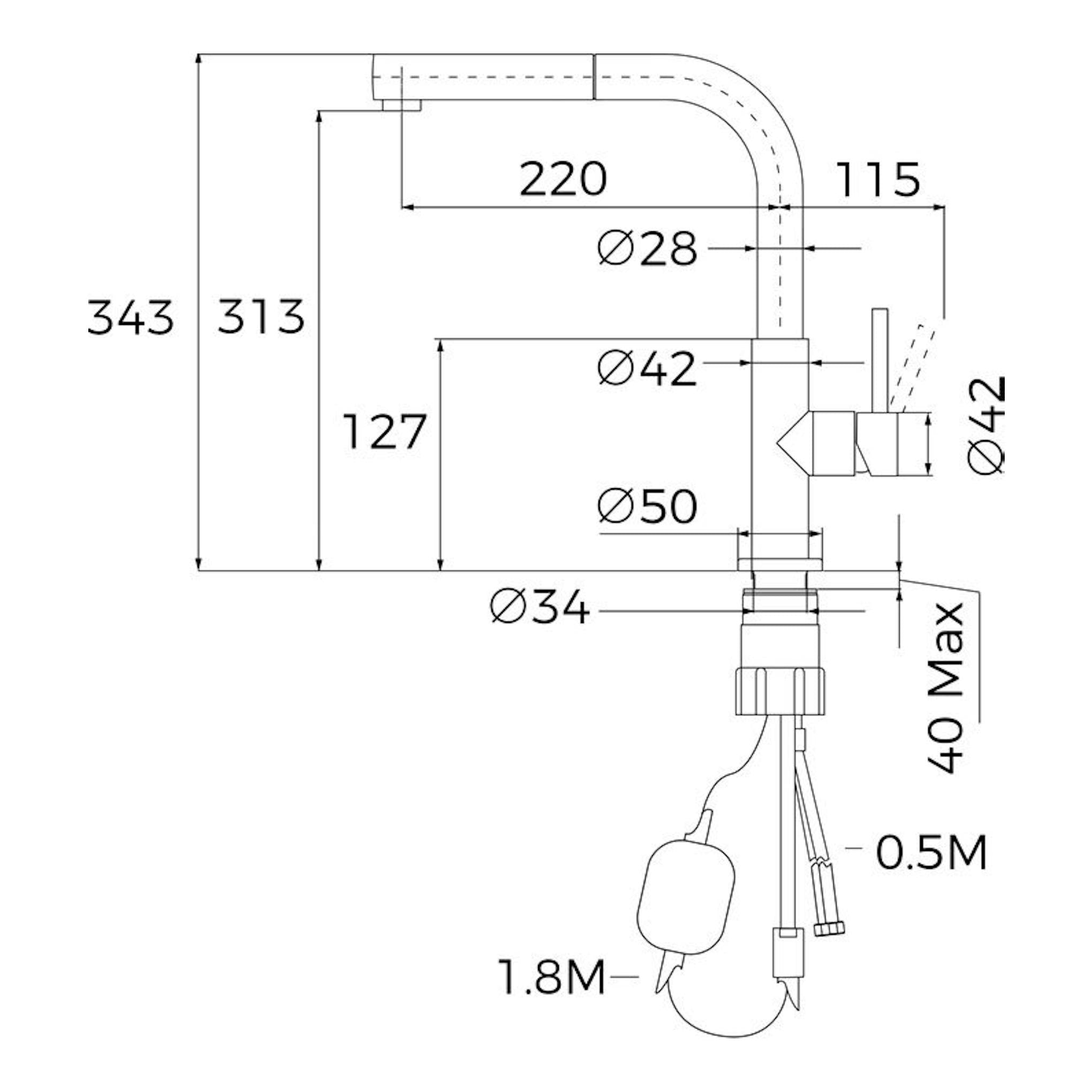 Grifo Teka UNI9331 de inox pulido, vista lateral en plano técnico con medidas y conexiones.