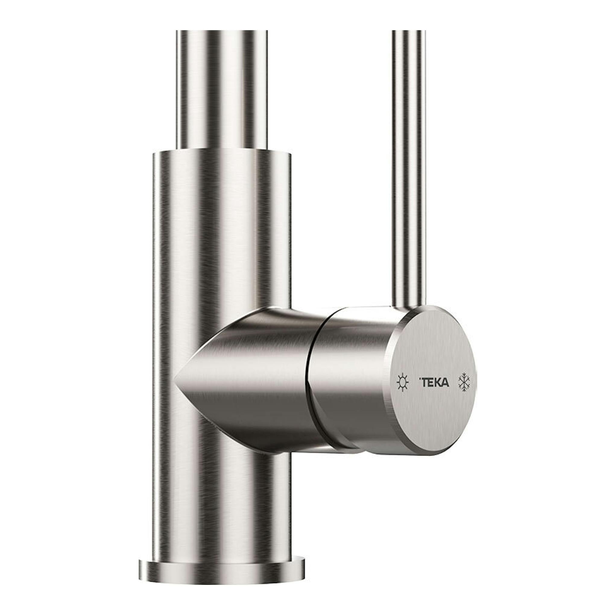 Grifo Teka UNI9331 de acero inoxidable pulido, vista frontal del mando cilíndrico.