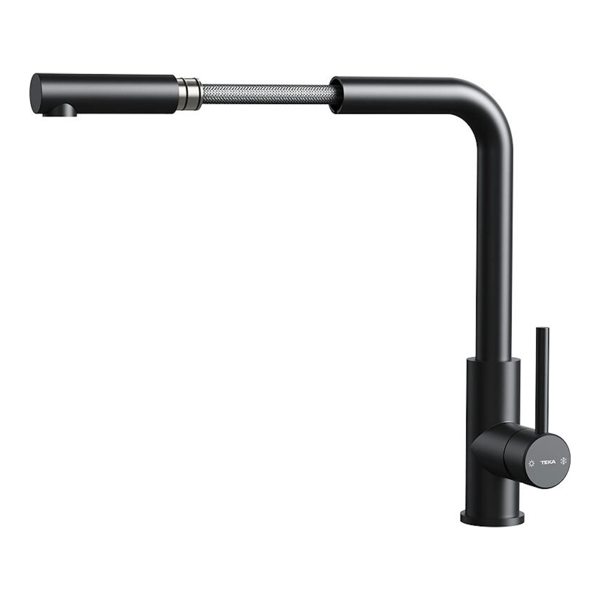 Grifo de cocina Teka UNI9331 negro, vista lateral, caño alto en L y manguera extensible.