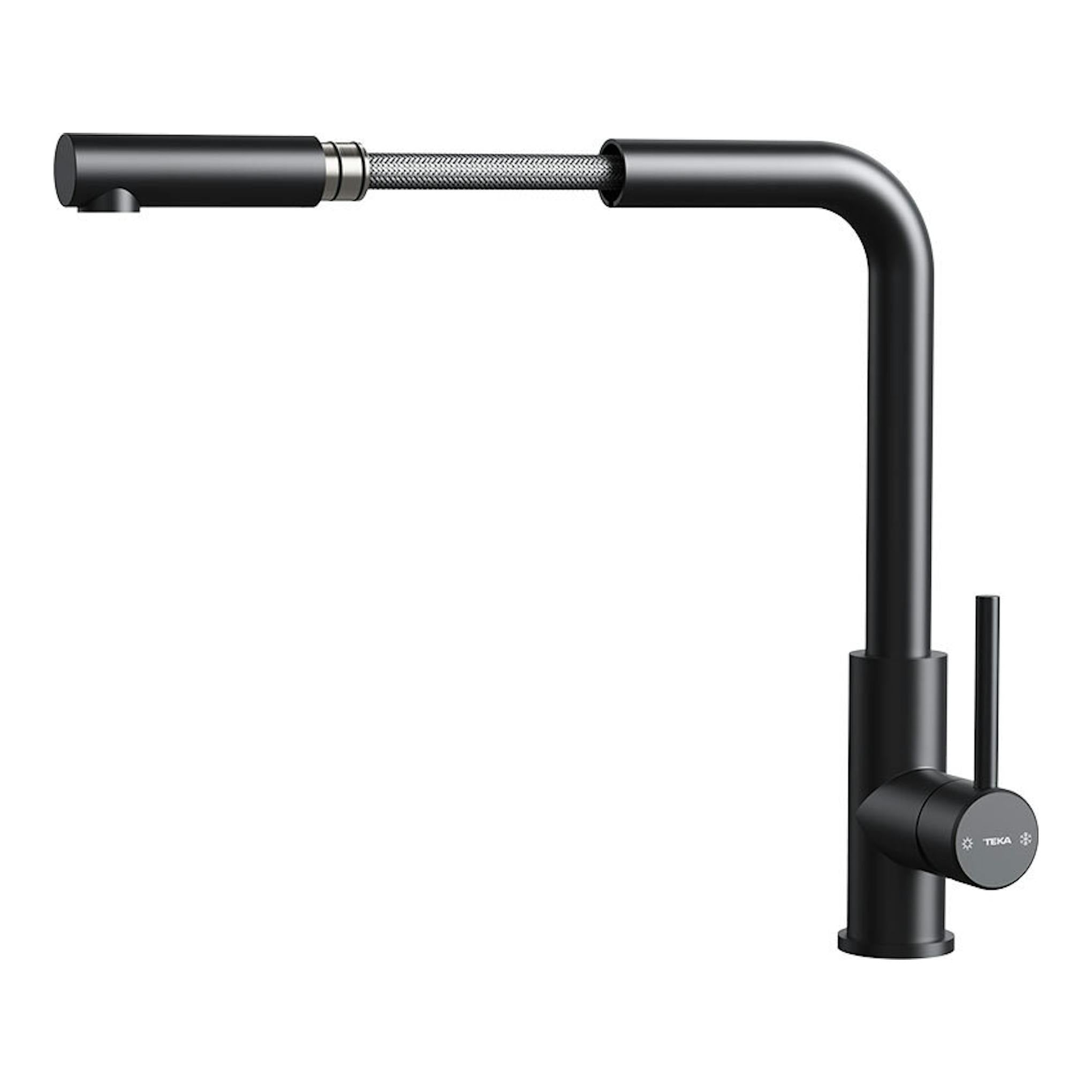 Grifo de cocina Teka UNI9331 negro, vista lateral, caño alto en L y manguera extensible.