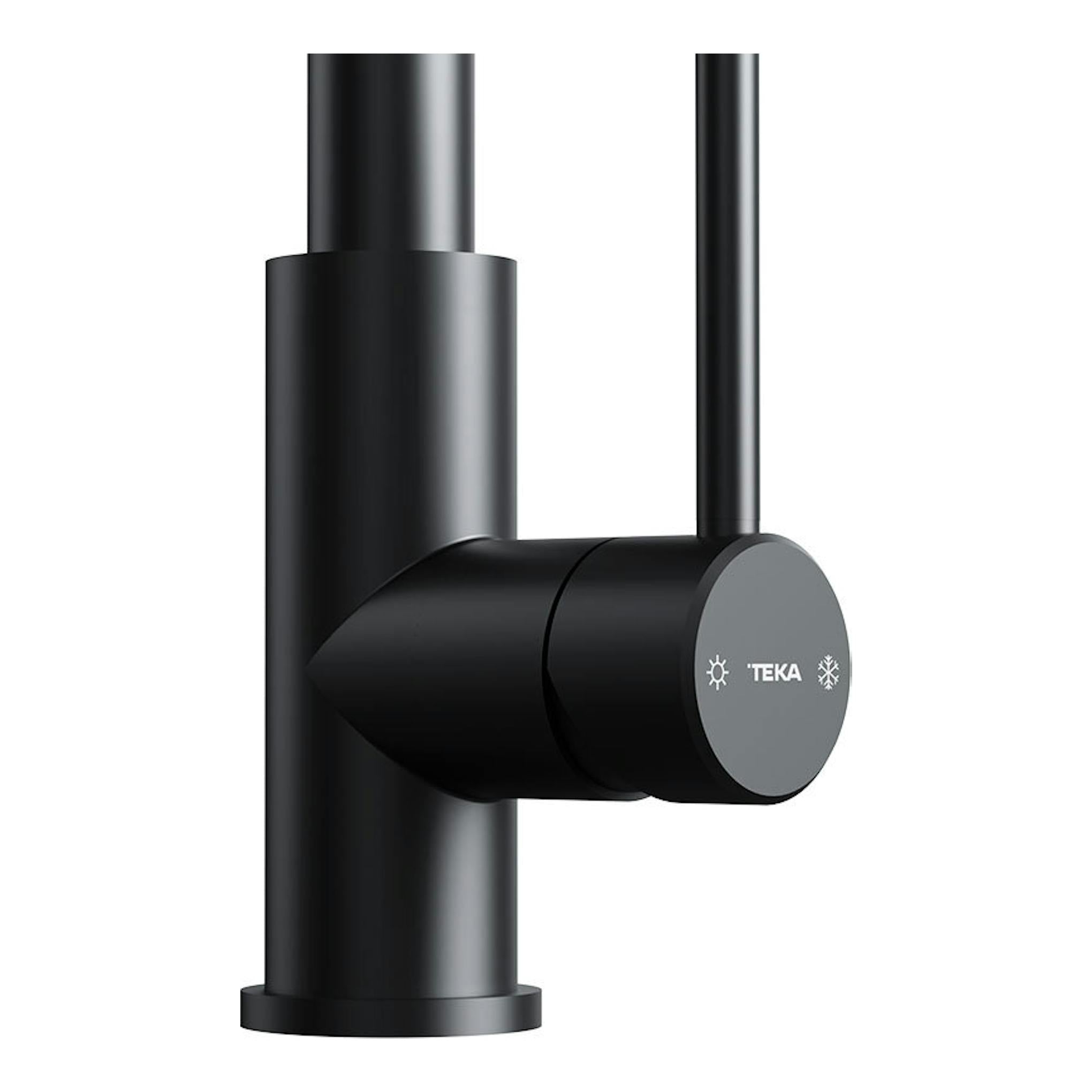 Grifo Teka UNI9331 negro, vista lateral en primer plano, con mando cilíndrico y logotipo TEKA.
