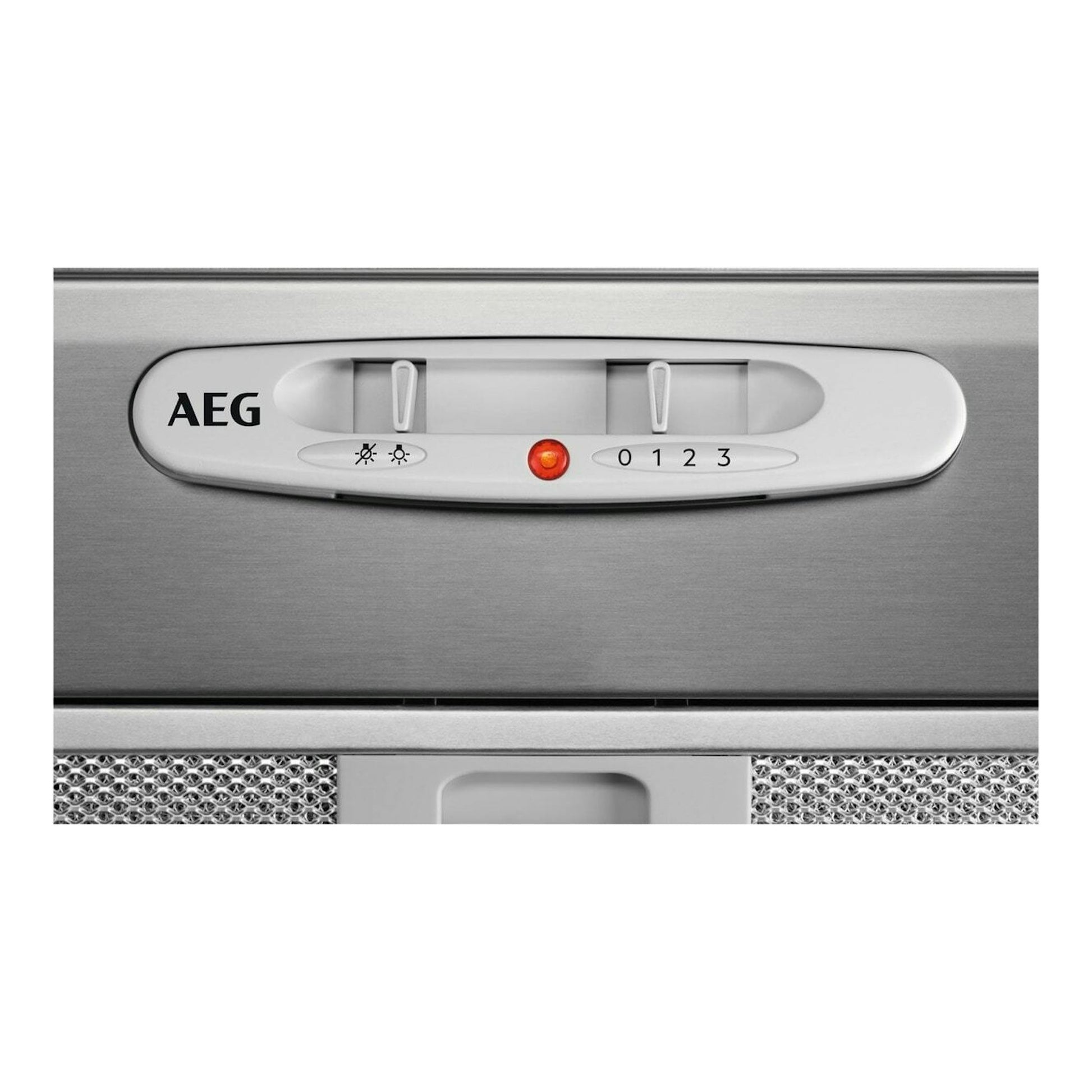 Panel frontal de campana extractora AEG DGB2531M en acero inoxidable, con controles y luz LED.