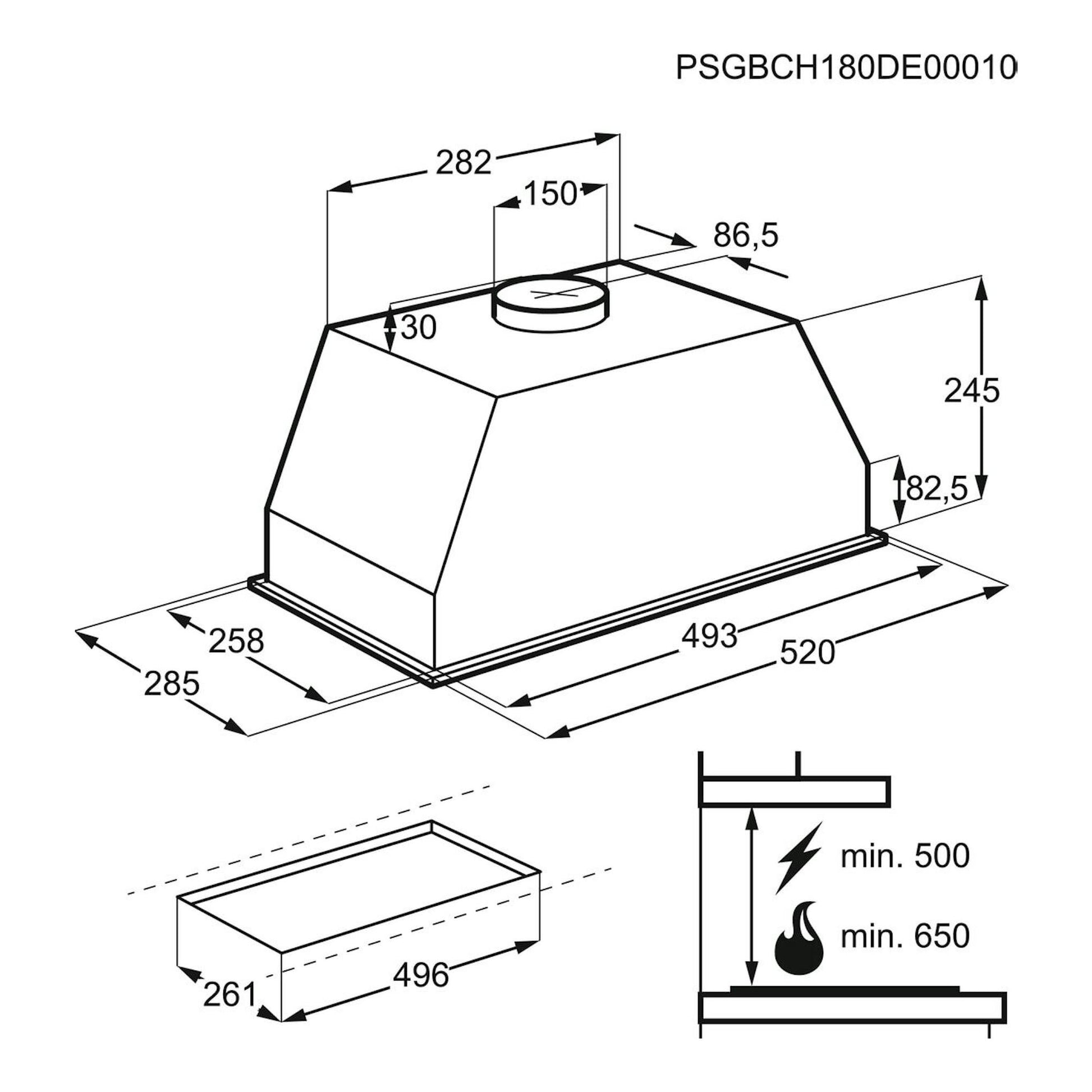 AEG DGB2531M: dibujo técnico de grupo filtrante blanco en vista isométrica con medidas y altura mínima.