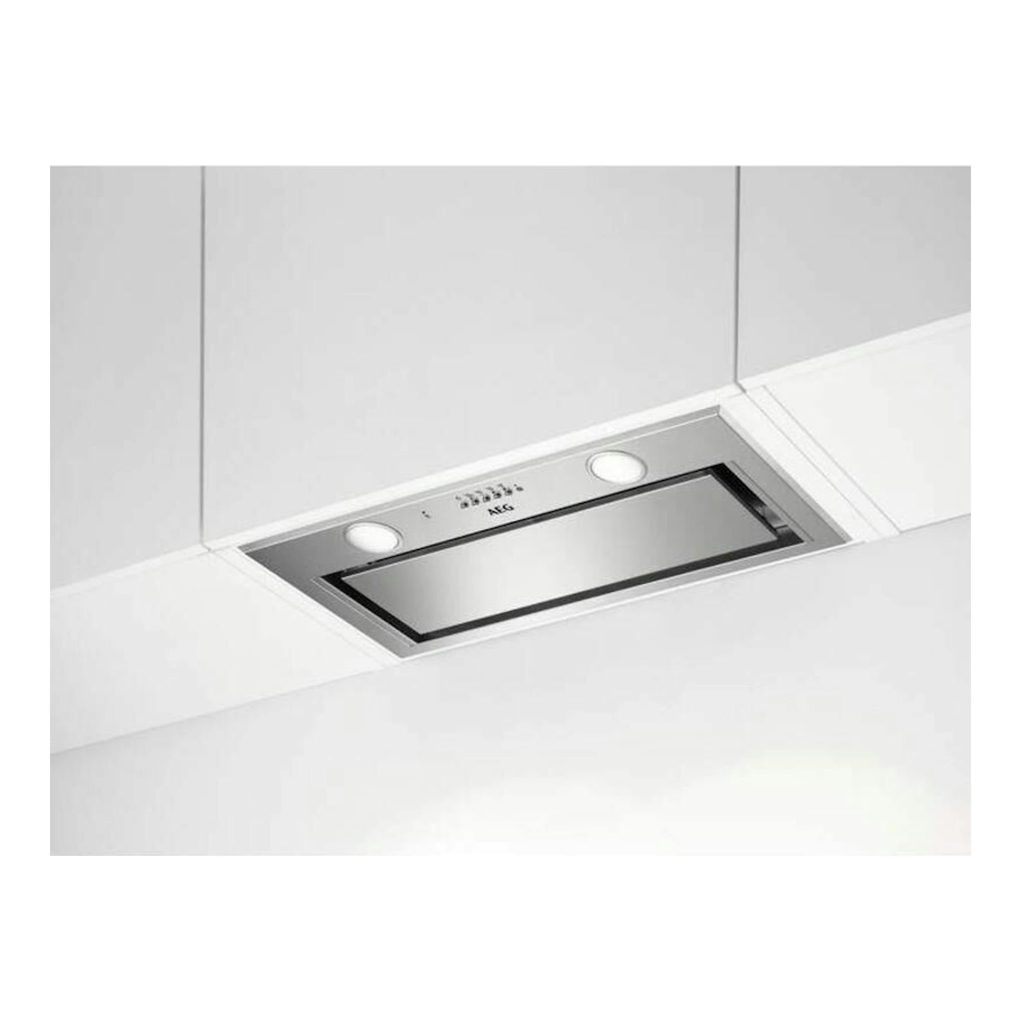 Grupo filtrante AEG DGE5661HM inox, vista inferior empotrada en techo con panel y mandos.