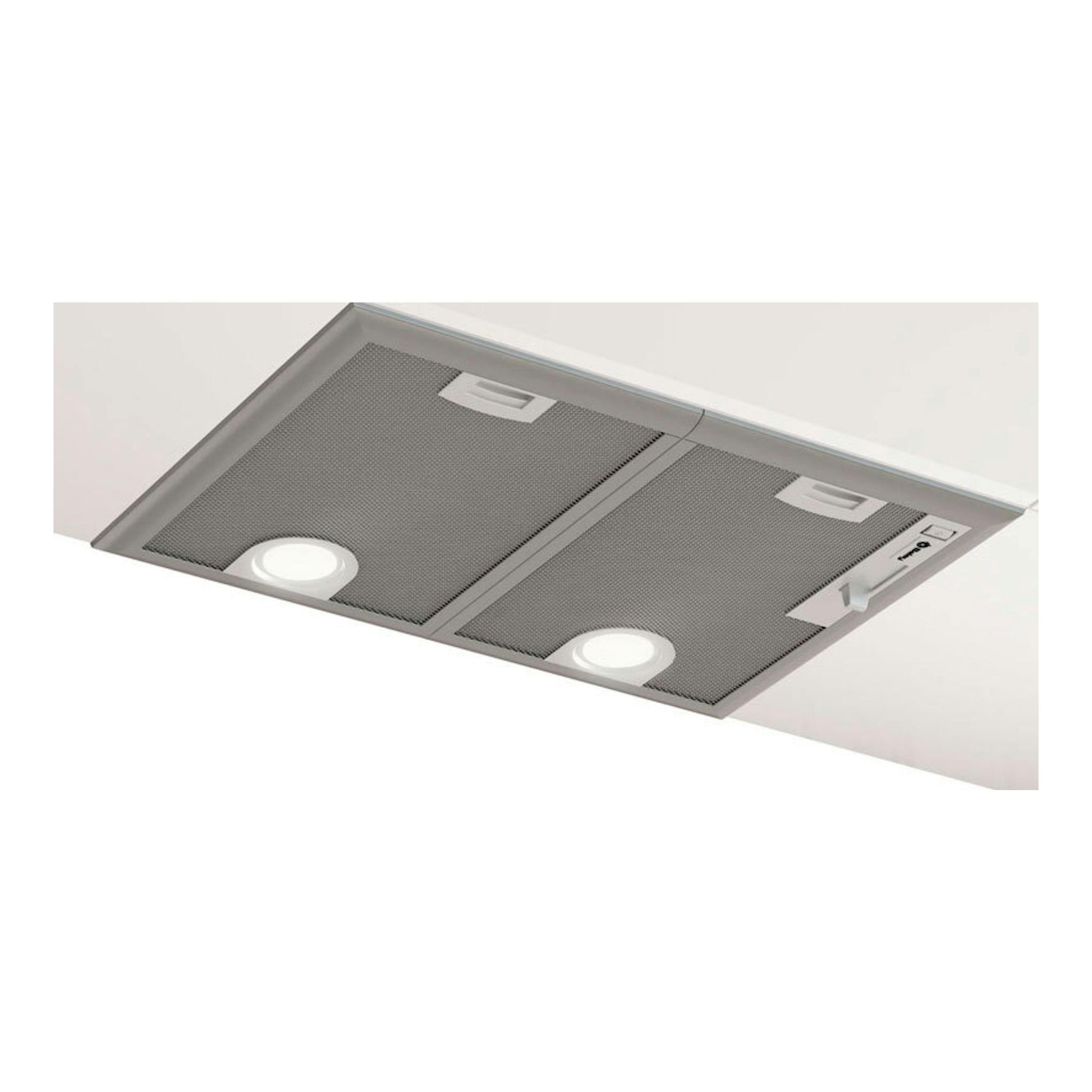 Grupo filtrante Balay 3BF255NG en inox, vista inferior empotrada con dos filtros y dos luces.