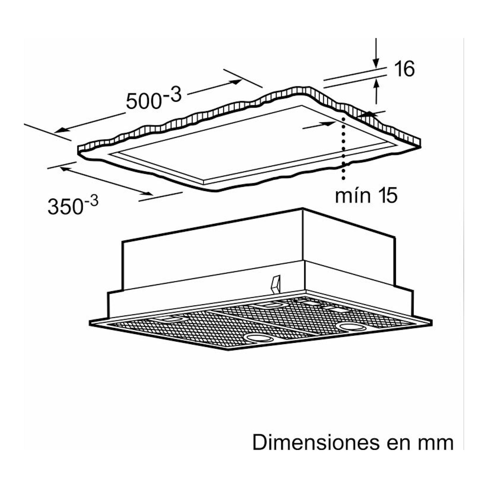 Esquema técnico del grupo filtrante Balay 3BF255NG, vista en perspectiva, con dimensiones en mm.
