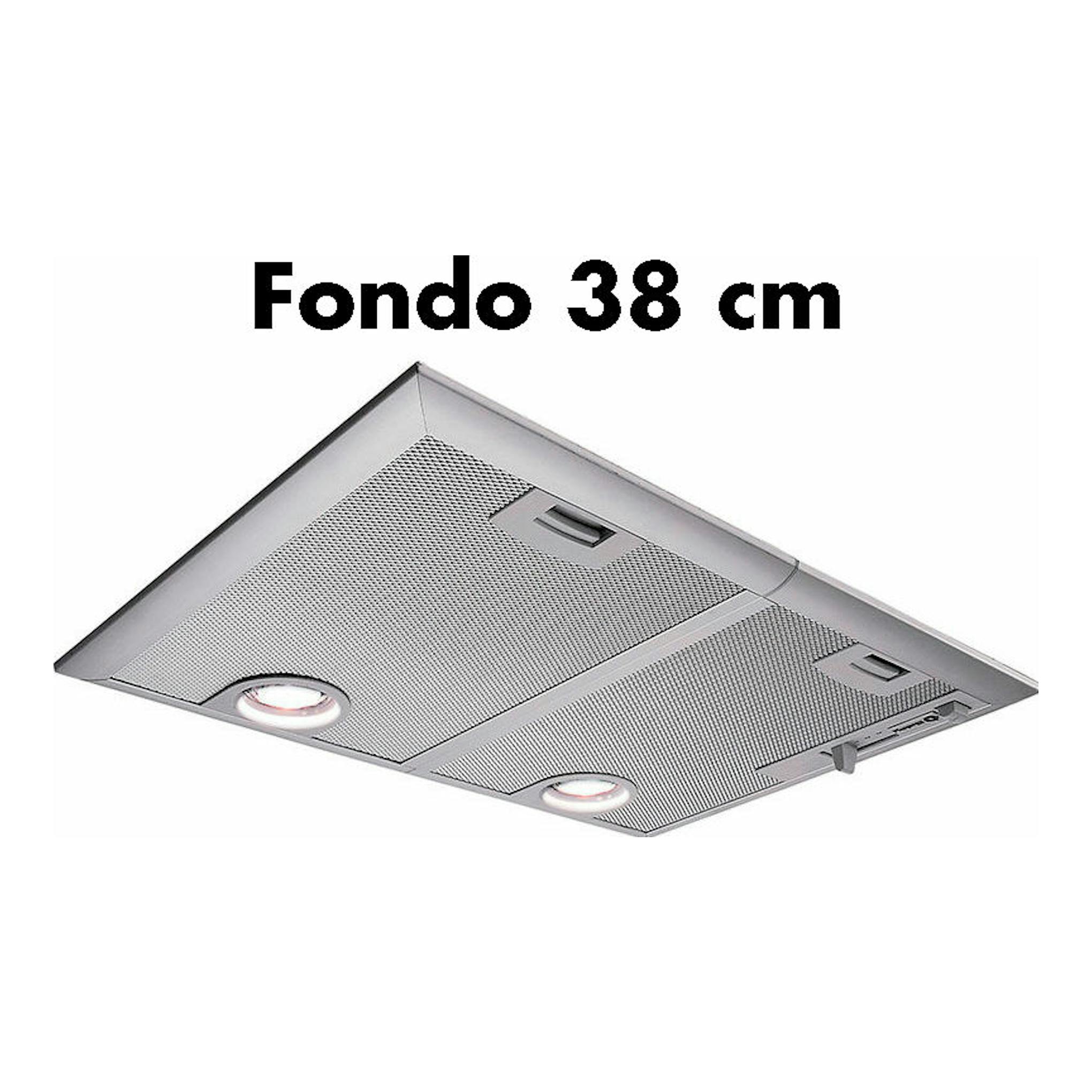 Balay 3BF266NX, grupo filtrante inox visto en ángulo inferior con dos luces y texto “Fondo 38 cm”.