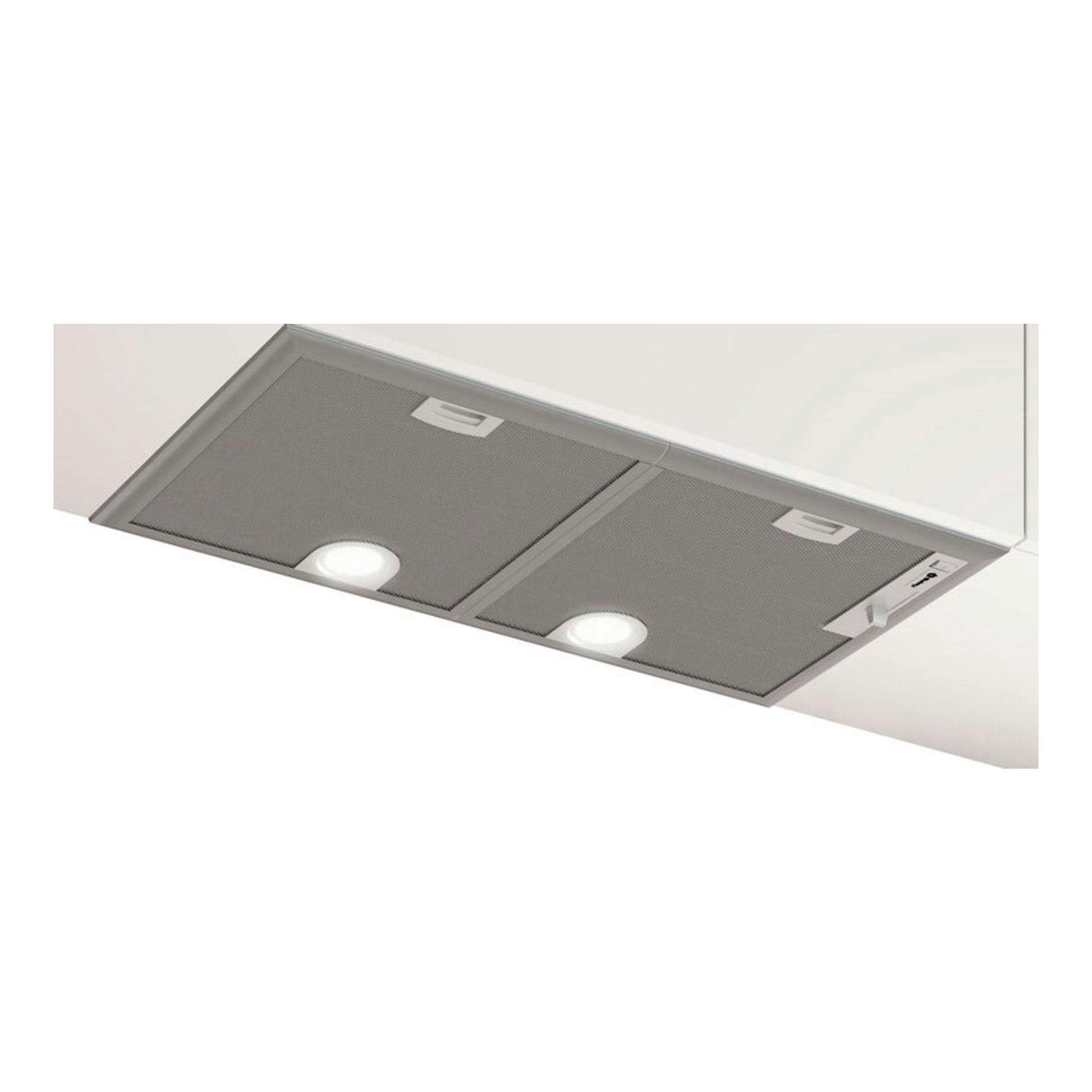 Grupo filtrante Balay 3BF276NG inox, vista inferior en ángulo, con dos filtros metálicos y luces.