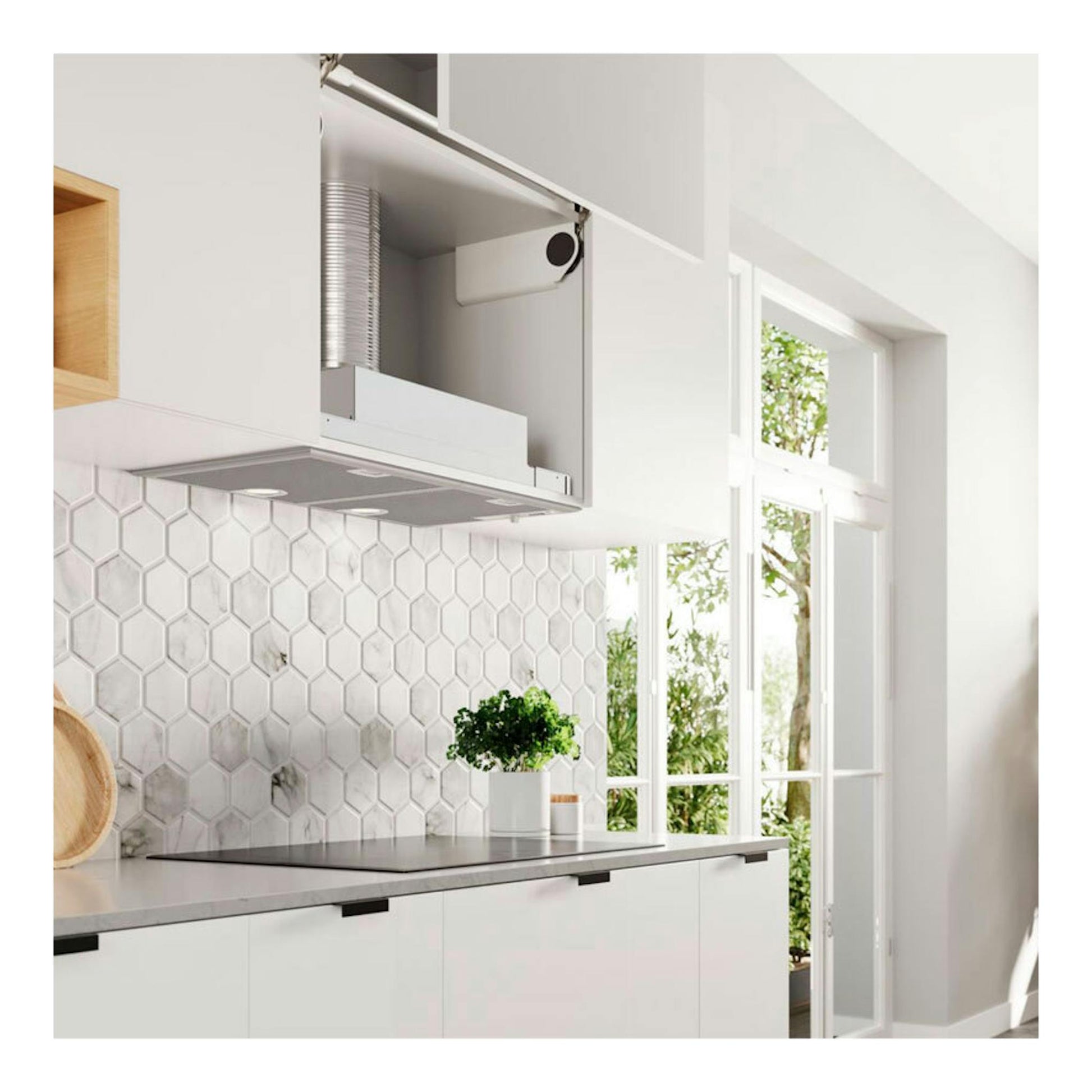 Grupo filtrante Balay 3BF276NG inox de 75 cm, integrado en mueble superior, vista frontal inferior.