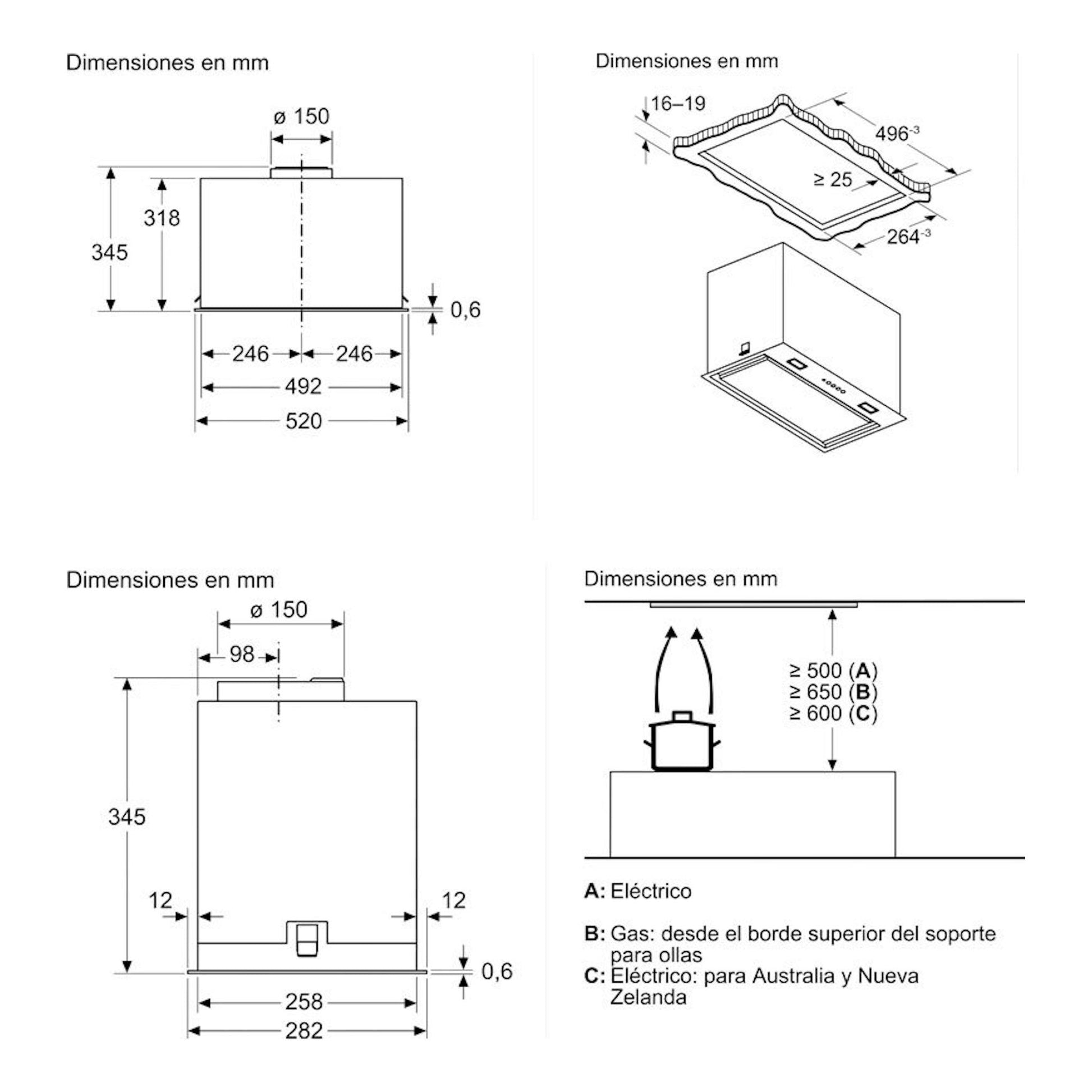 Balay 3BF356EX inox 52 cm: esquema técnico del grupo filtrante con vistas frontal, lateral y superior y medidas.