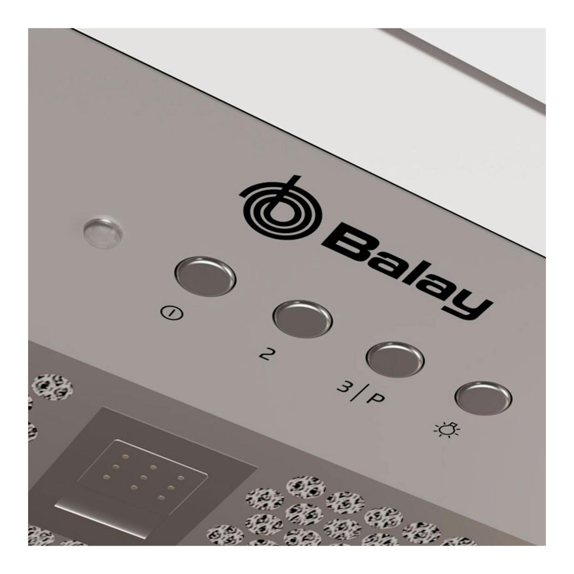 Grupo filtrante Balay 3BF356EX inox, vista en ángulo del panel de control con botones.