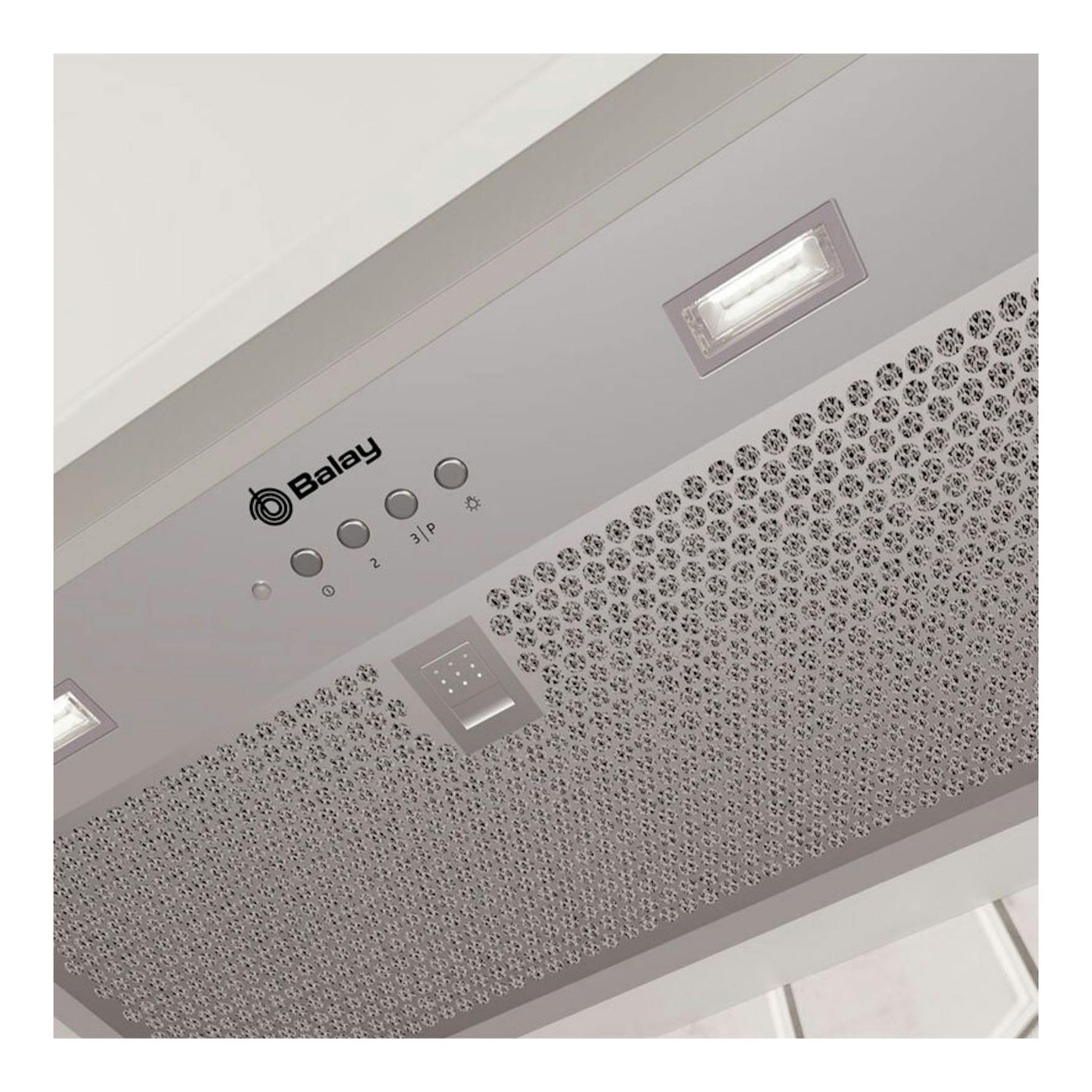 Grupo filtrante Balay 3BF356EX inox, vista inferior con mandos, filtros perforados y luces LED.