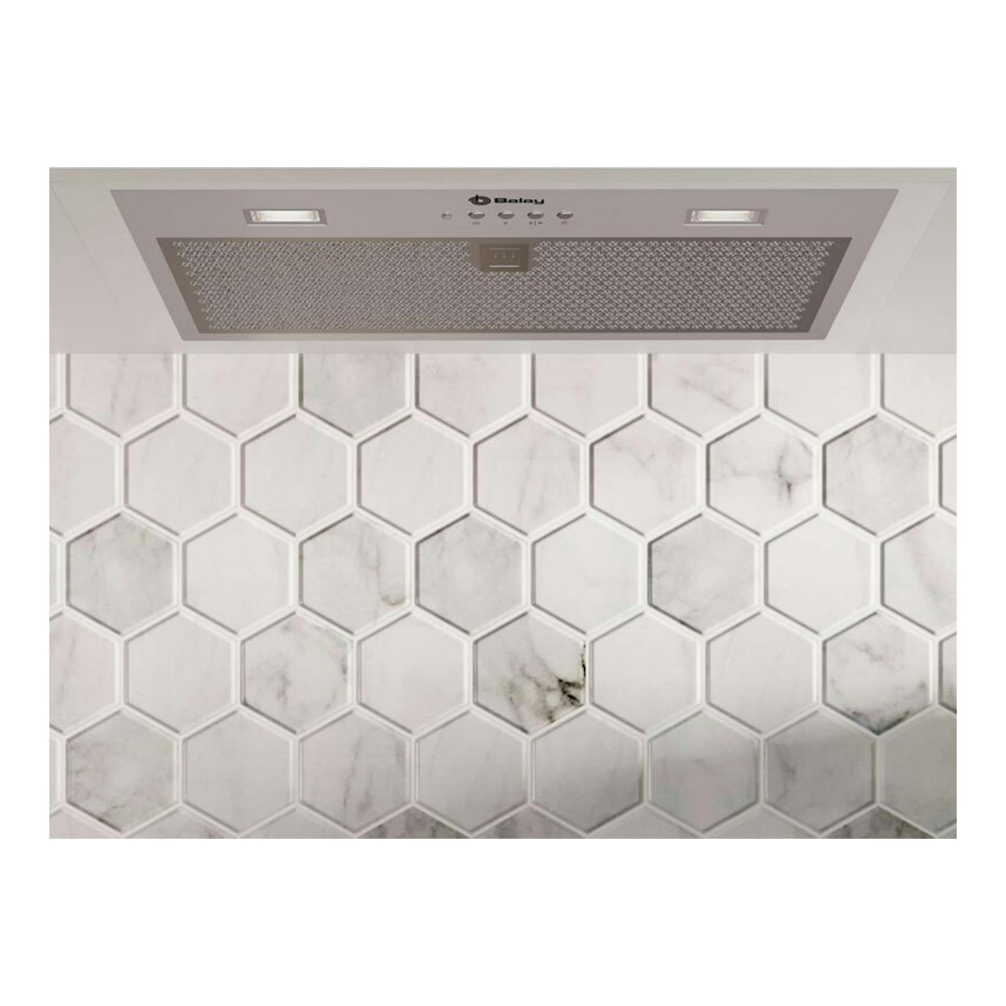 Grupo filtrante Balay 3BF356EX de inox, vista frontal bajo mueble, con dos luces y rejilla metálica.