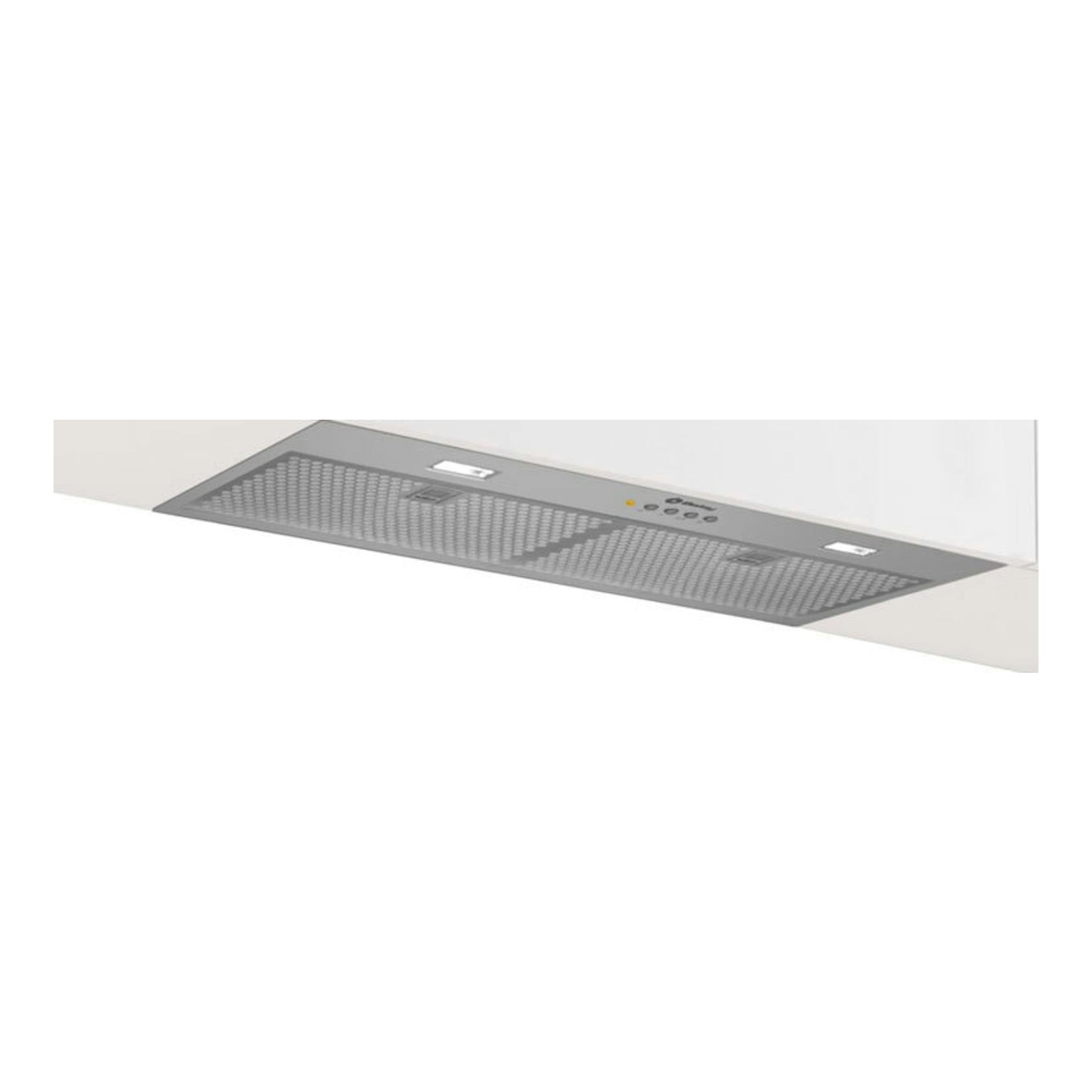 Grupo filtrante Balay 3BF377EX inox, vista inferior inclinada, integrado en mueble blanco.