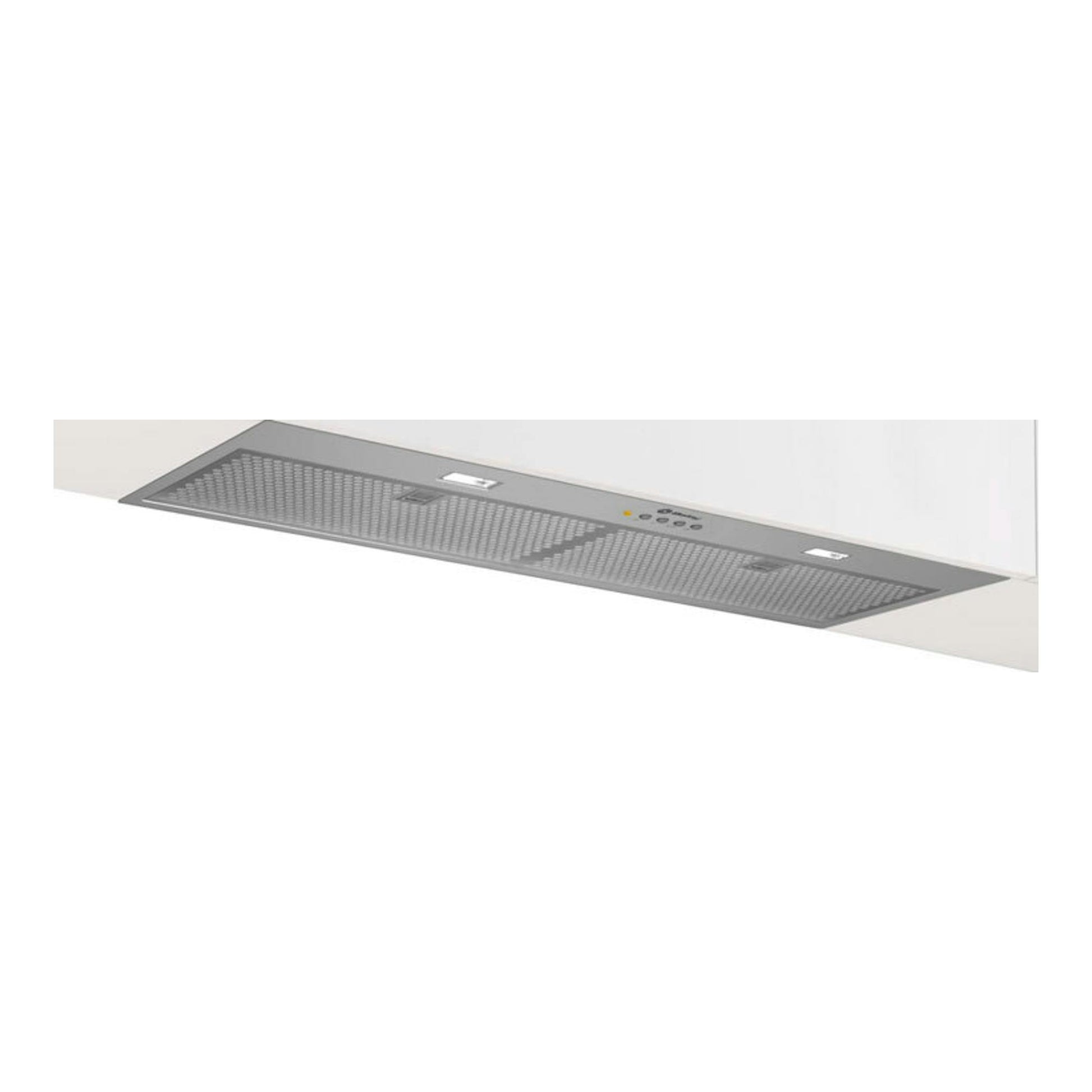 Grupo filtrante Balay 3BF387EX inox, vista frontal inferior, empotrado en mueble blanco.