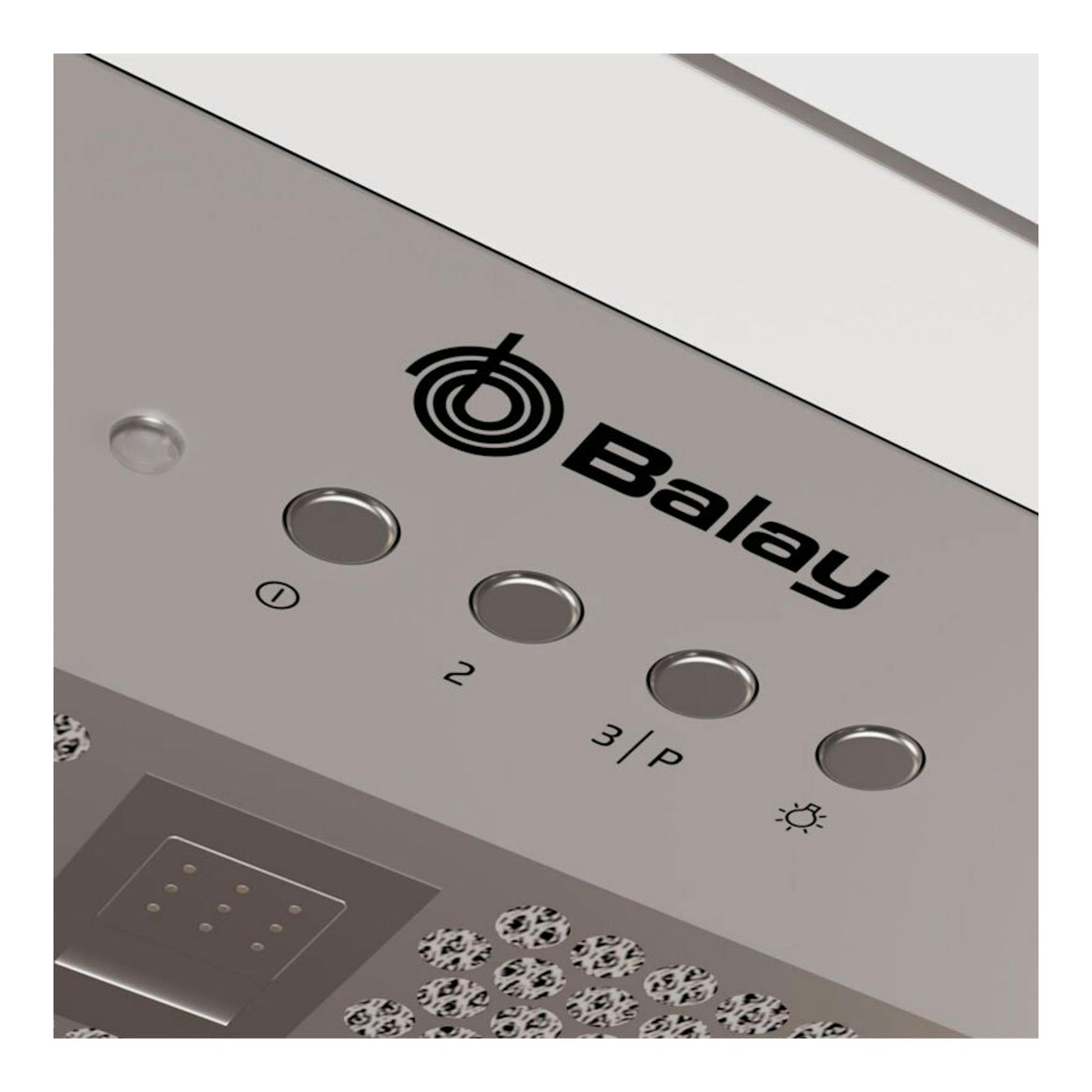 Grupo filtrante Balay 3BF387EX en inox, vista en primer plano del panel de control inclinado.