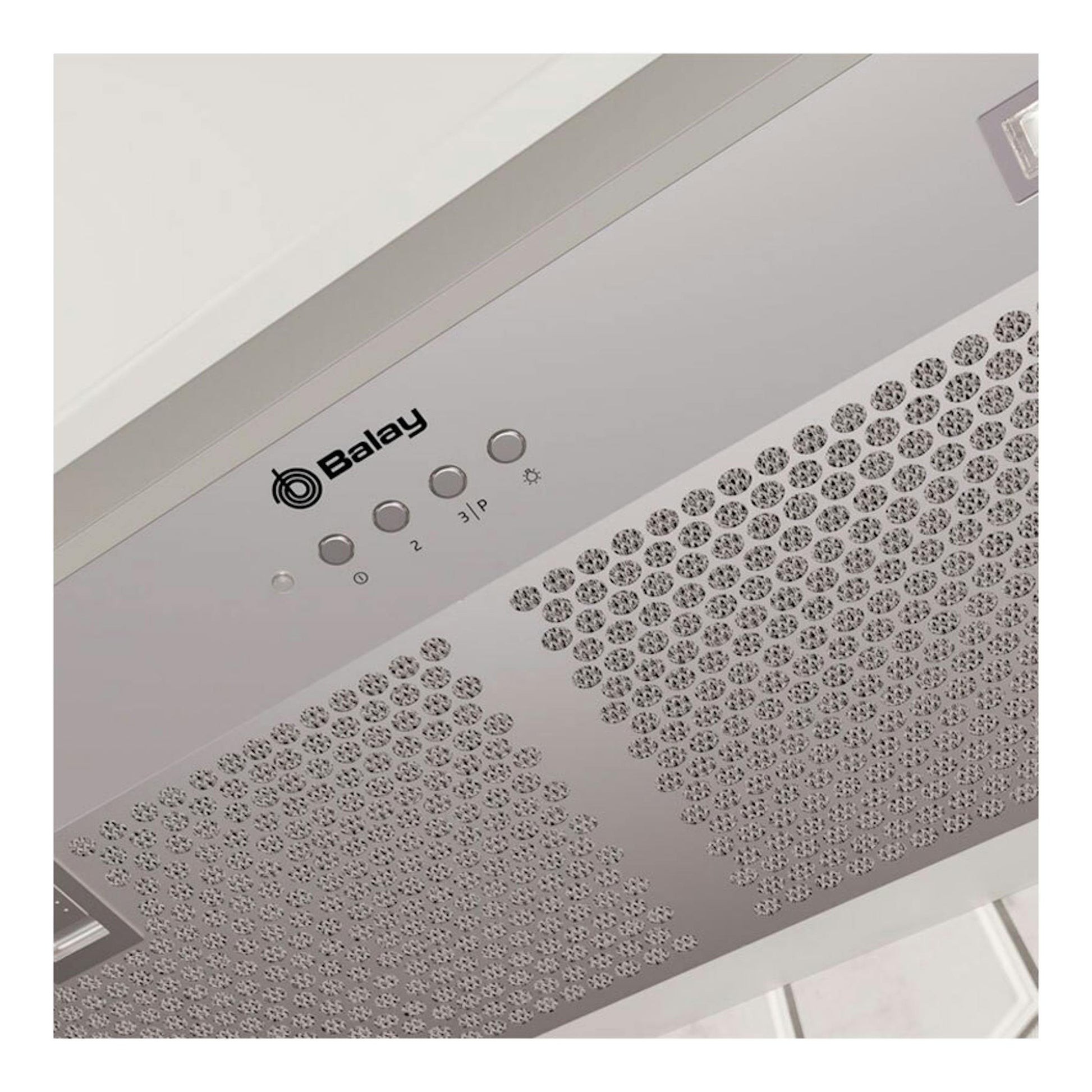 Grupo filtrante Balay 3BF387EX en acero inoxidable, vista inferior con panel de botones y rejillas.