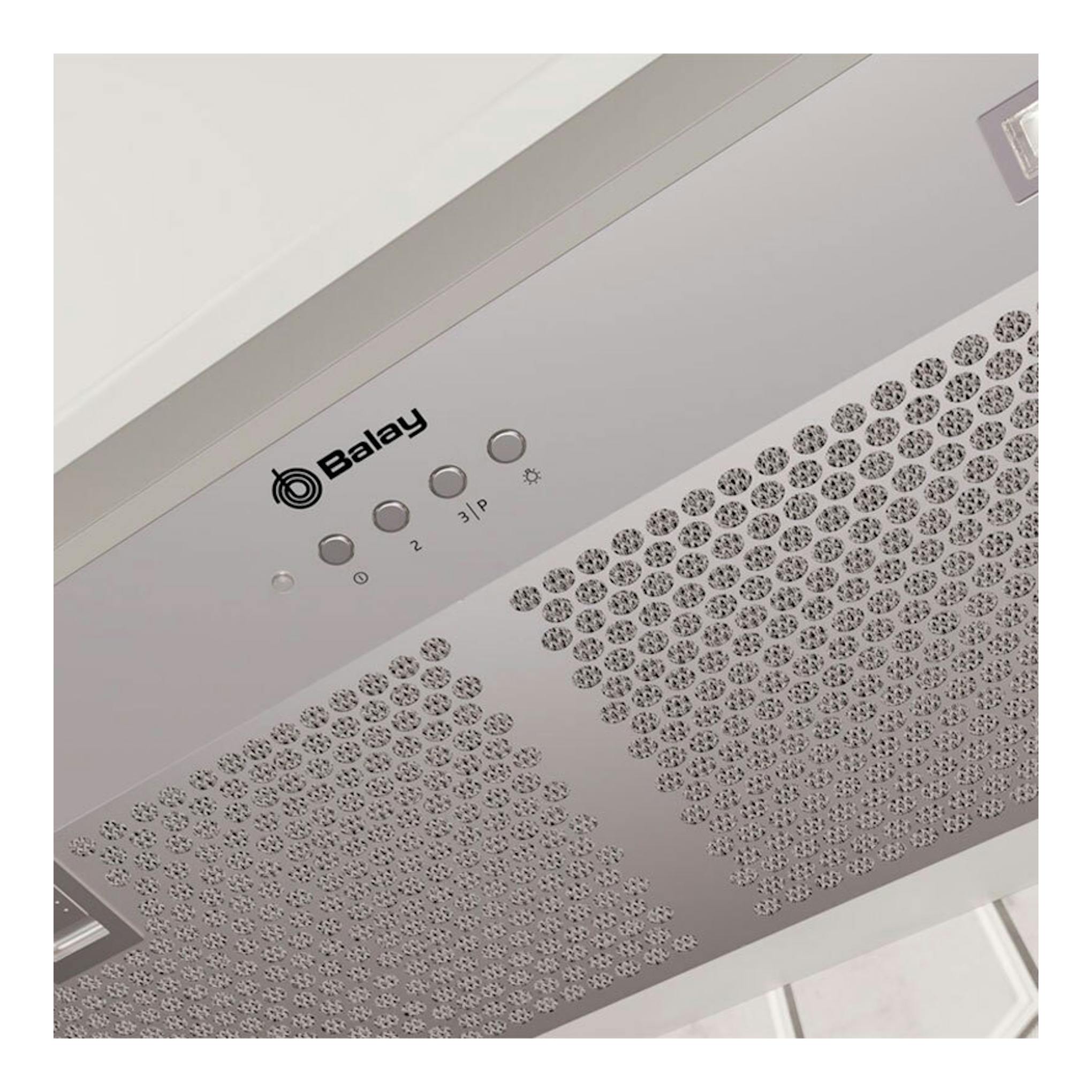 Grupo filtrante Balay 3BF387EX en acero inoxidable, vista inferior con panel de botones y rejillas.