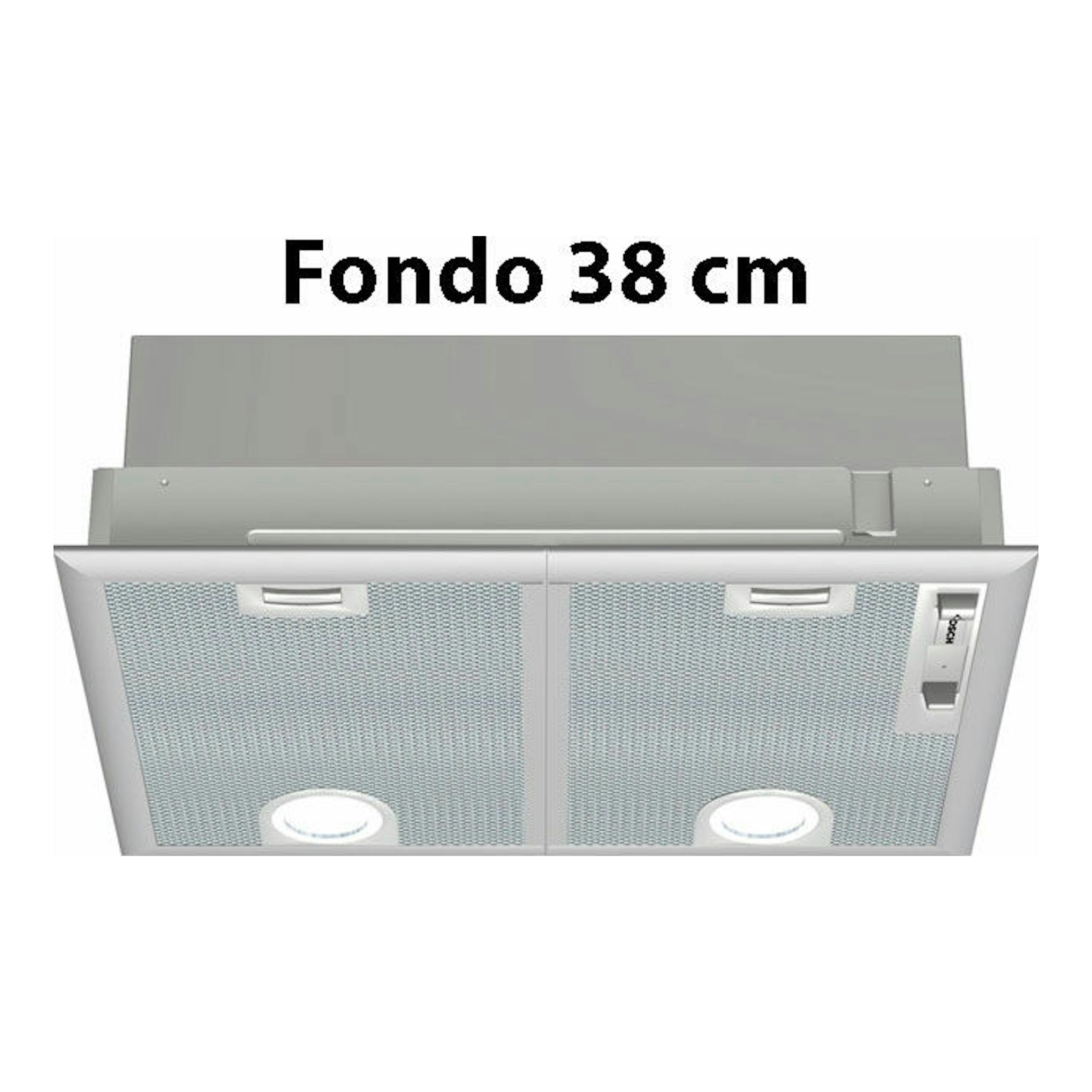Bosch DHL555BL gris, grupo filtrante visto desde abajo y frontal, con fondo de 38 cm.