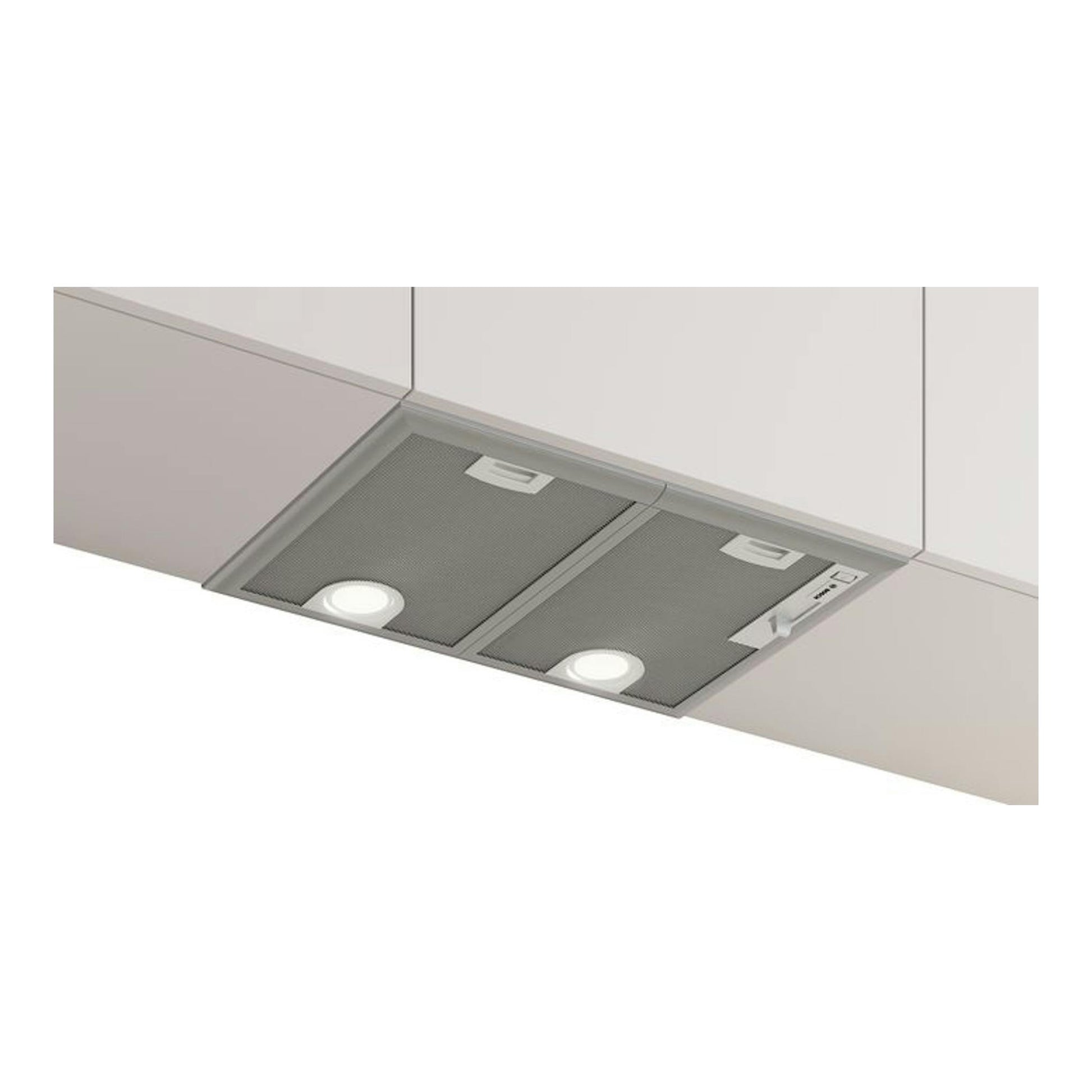 Campana extractora empotrada Bosch DHL555BM gris, vista inferior con luces LED.