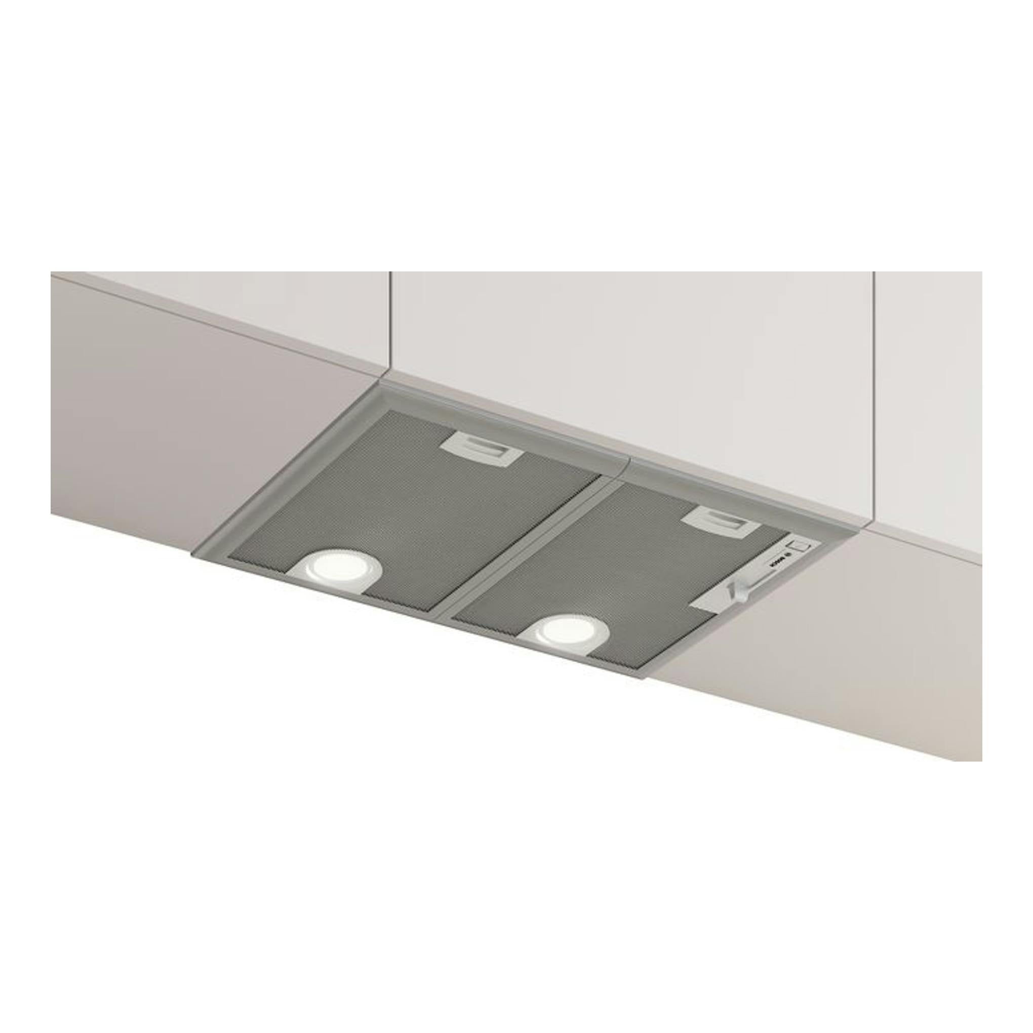 Campana extractora empotrada Bosch DHL555BM gris, vista inferior con luces LED.