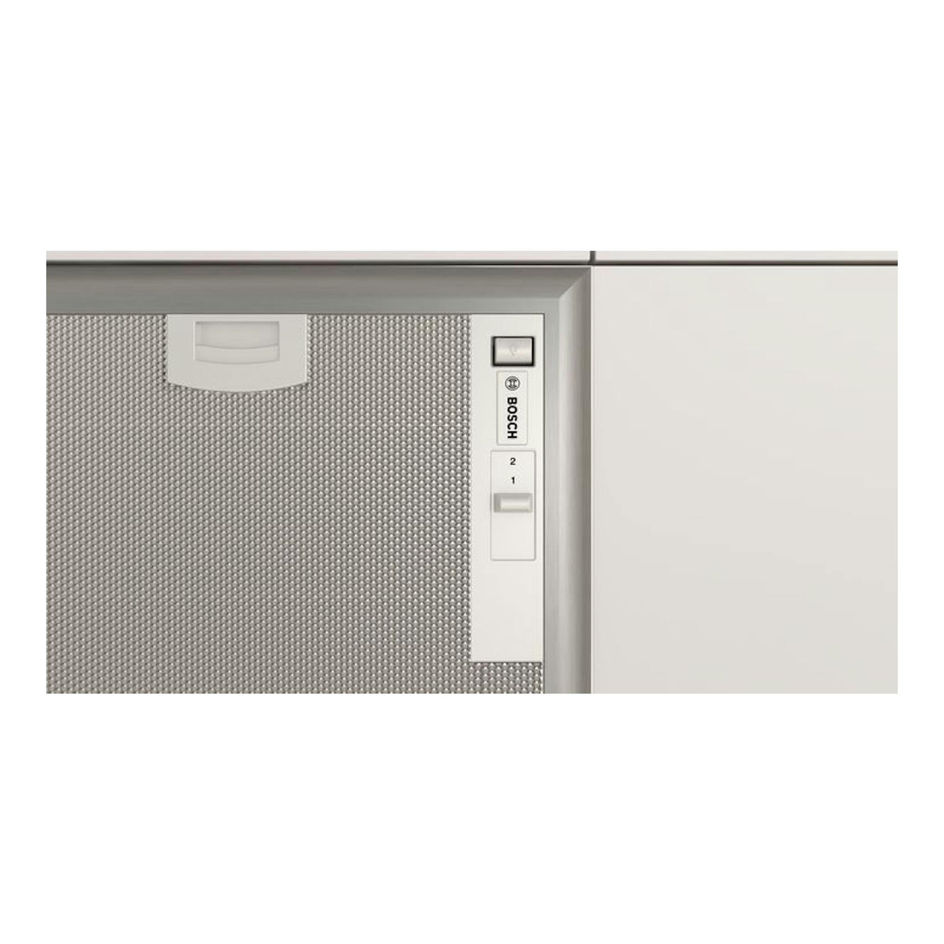 Grupo filtrante Bosch DHL555BM gris, vista frontal integrada en mueble, con controles laterales.