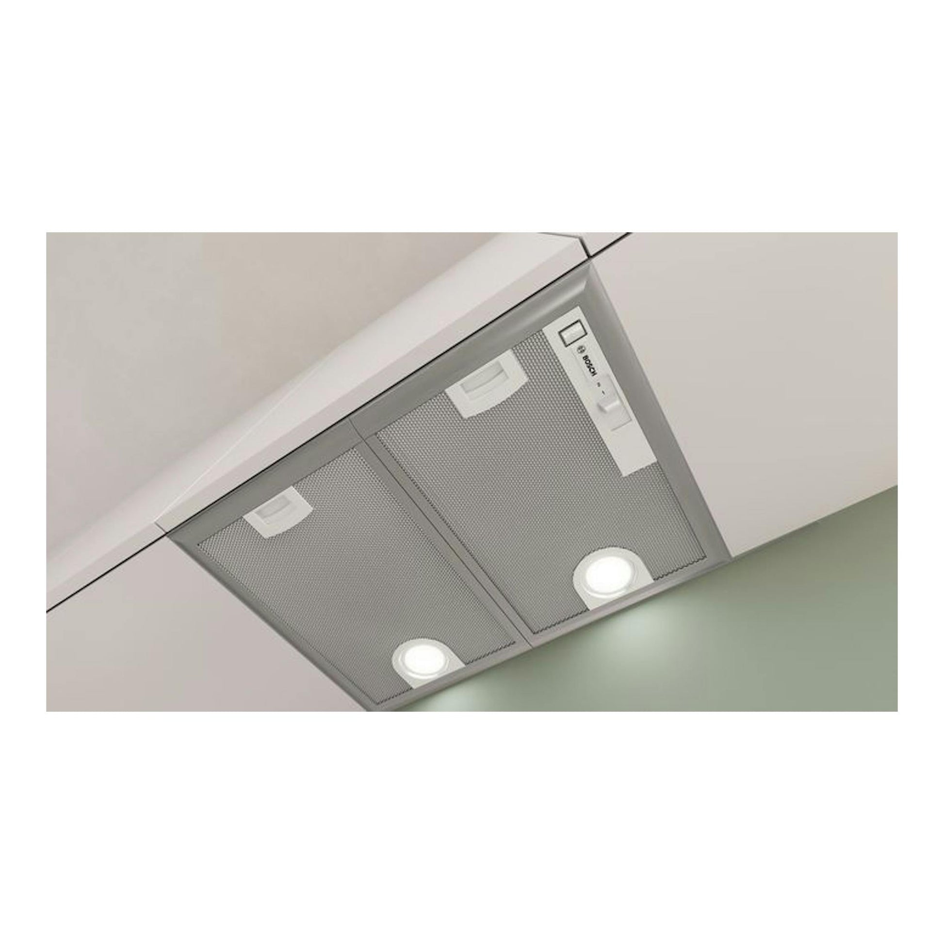 Grupo filtrante Bosch DHL555BM gris, vista inferior en ángulo, con dos luces LED.